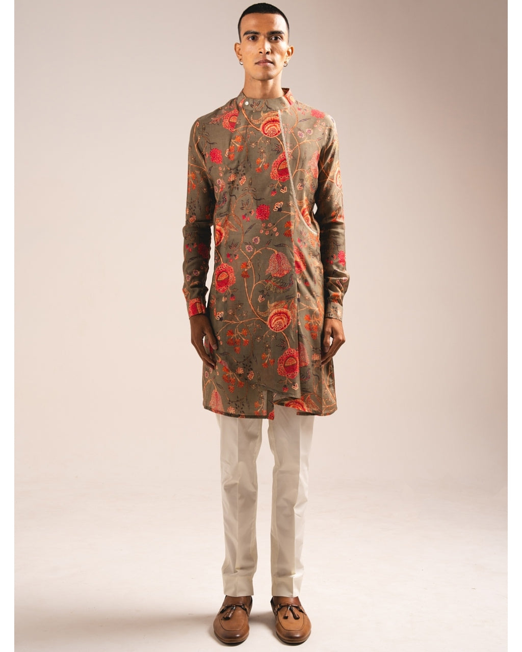 Khakhi Garden Of Eden Pleated Kurta Pyjama Set