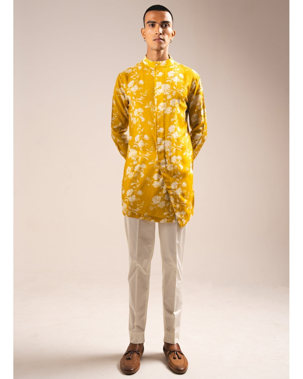 Yellow White Rose Side Slit Kurta Pyjama Set