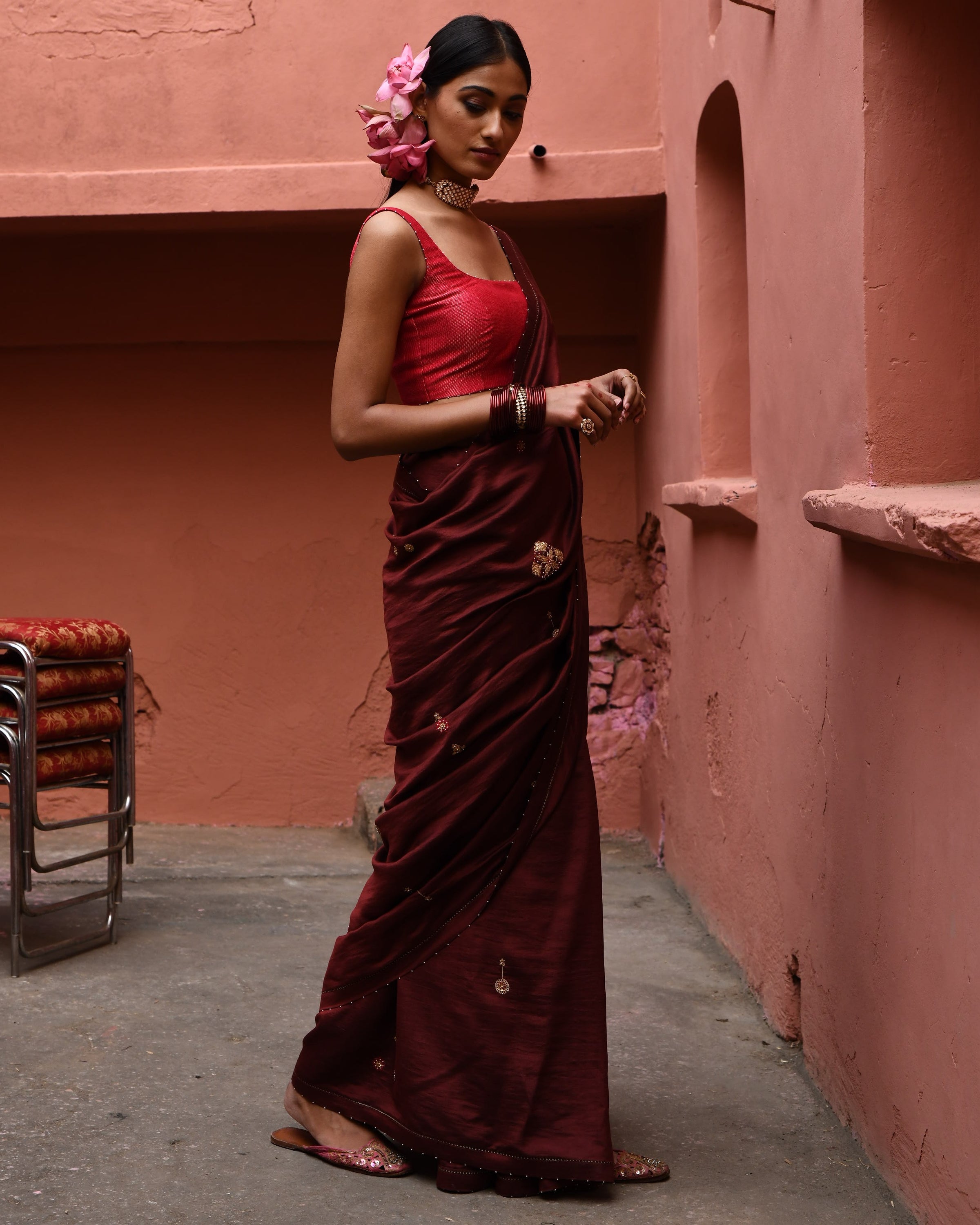 Mahogany Hand Embroidered Sari With Vermillion Blouse