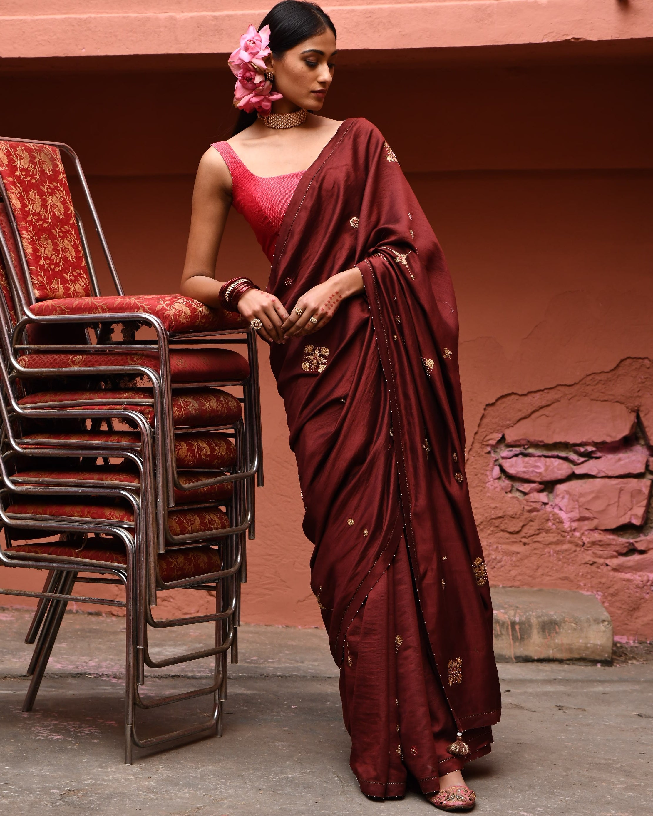 Mahogany Hand Embroidered Sari With Vermillion Blouse