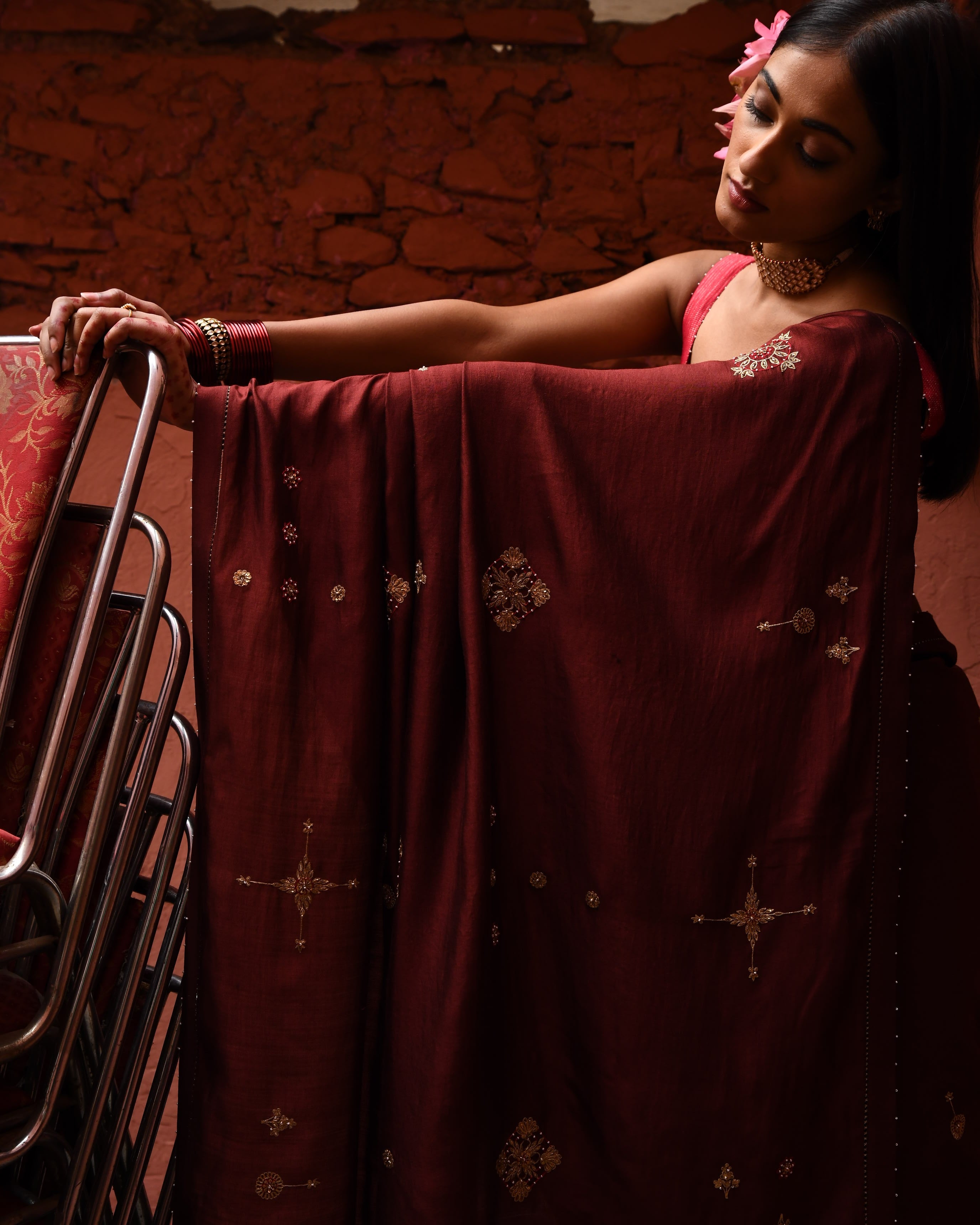 Mahogany Hand Embroidered Sari With Vermillion Blouse