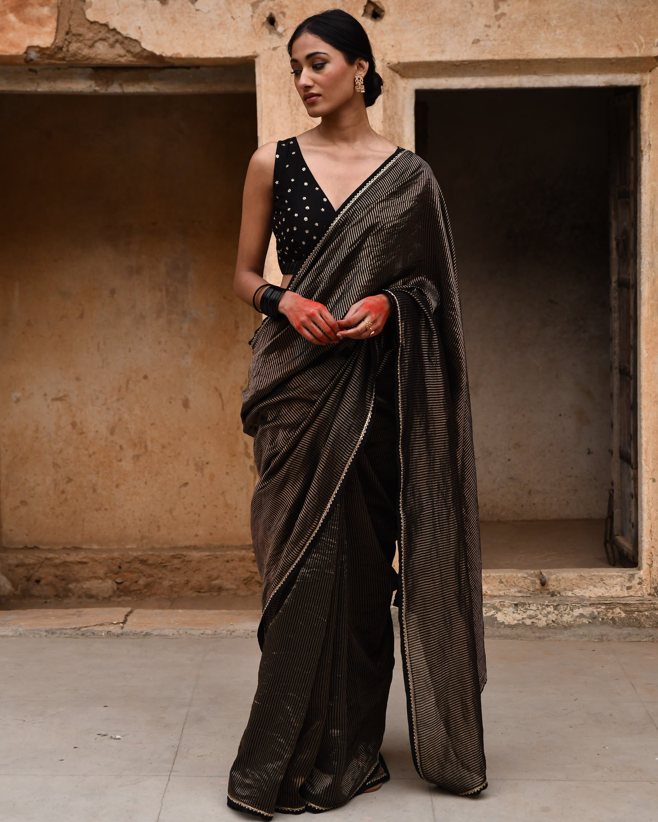 Black Tissue Striped Sari With Blouse