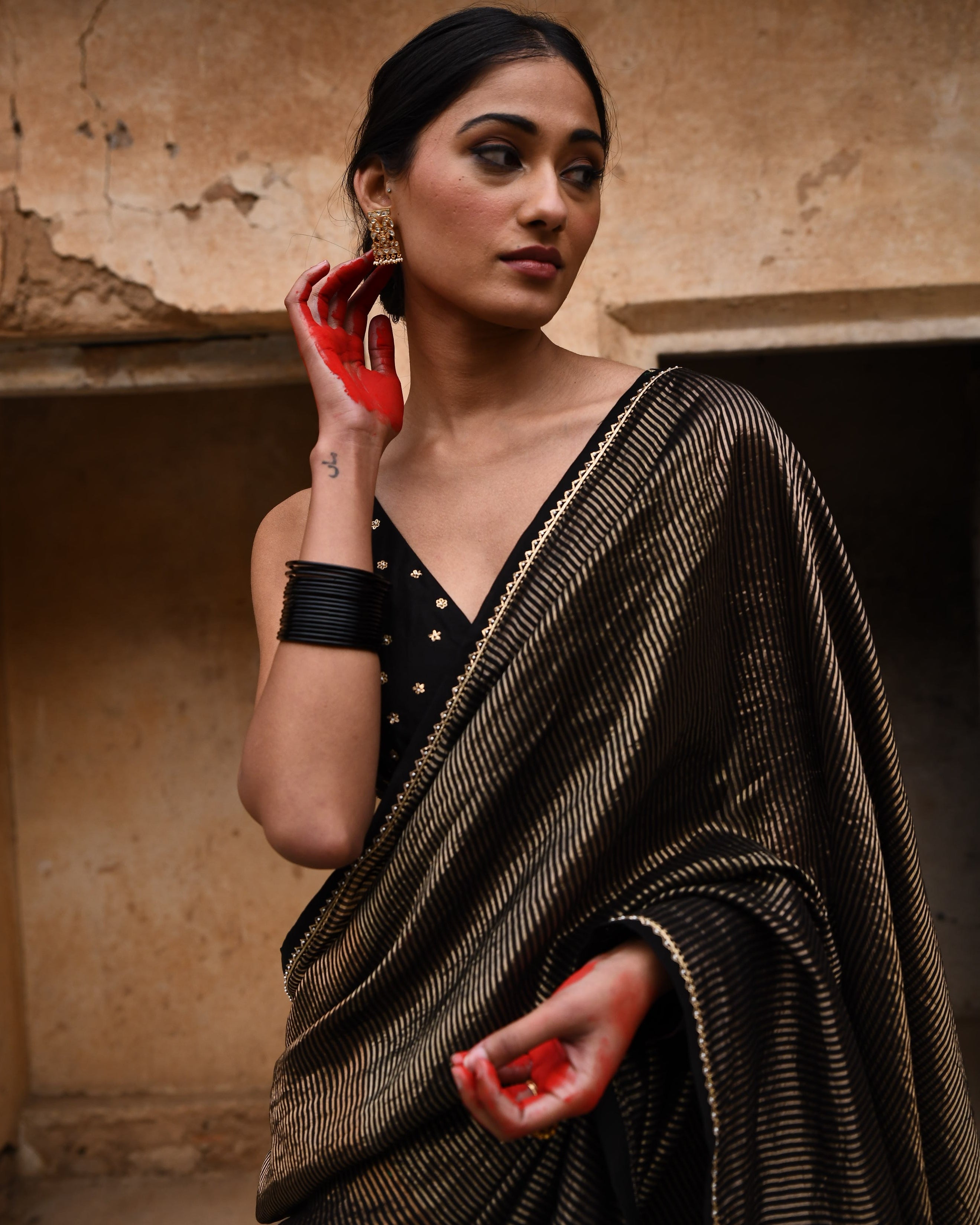 Black Tissue Striped Sari With Blouse