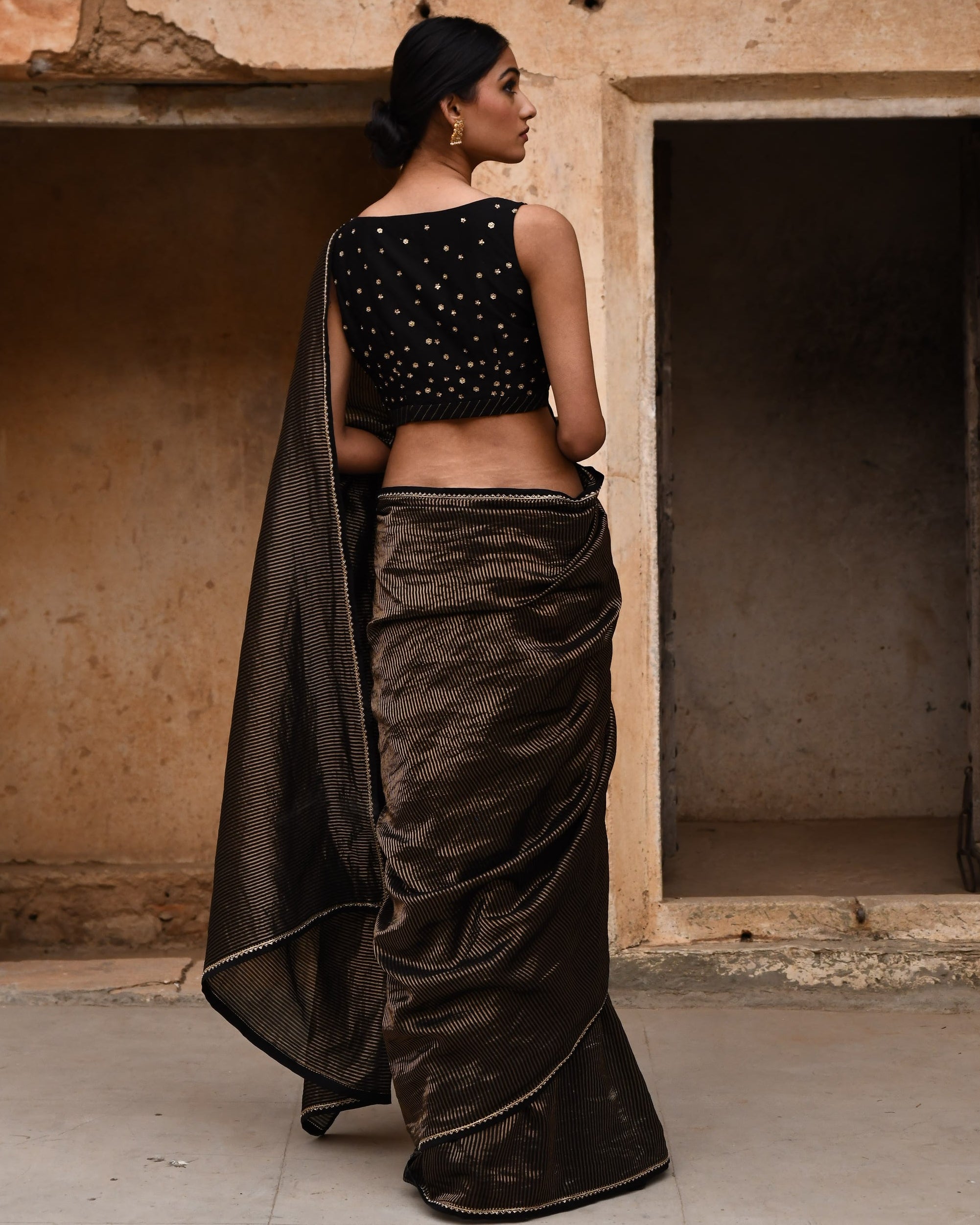 Black Tissue Striped Sari With Blouse