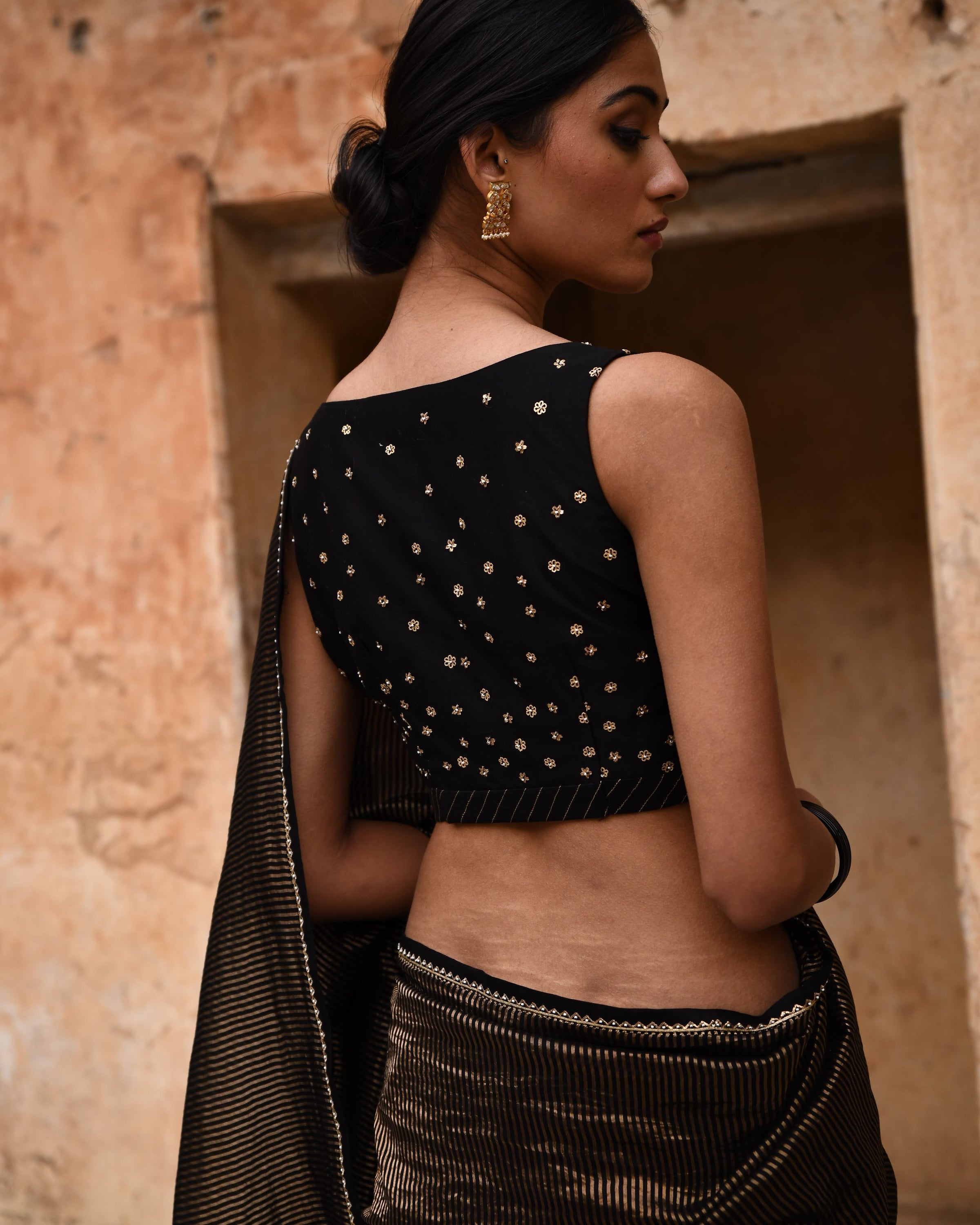 Black Tissue Striped Sari With Blouse
