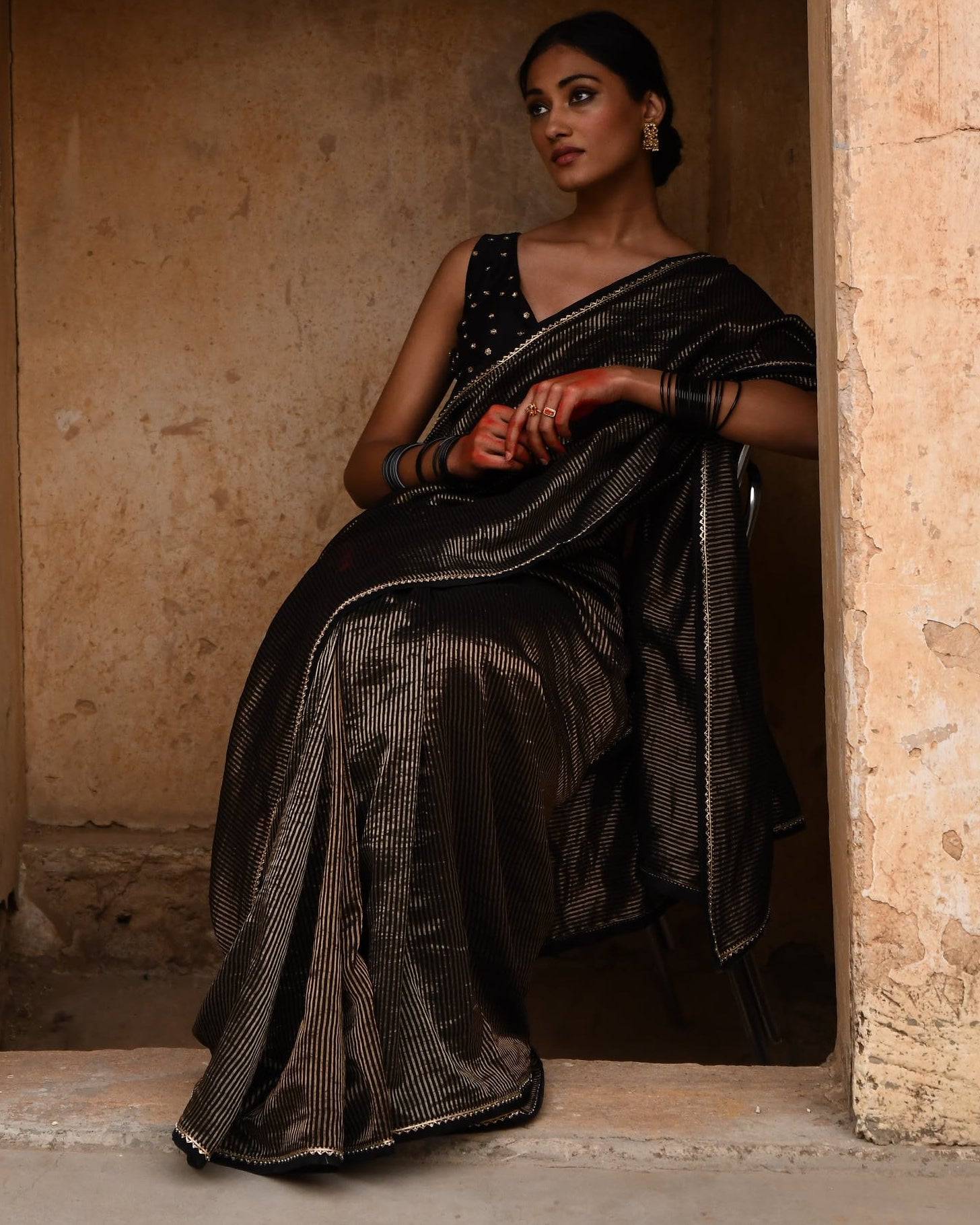 Black Tissue Striped Sari With Blouse