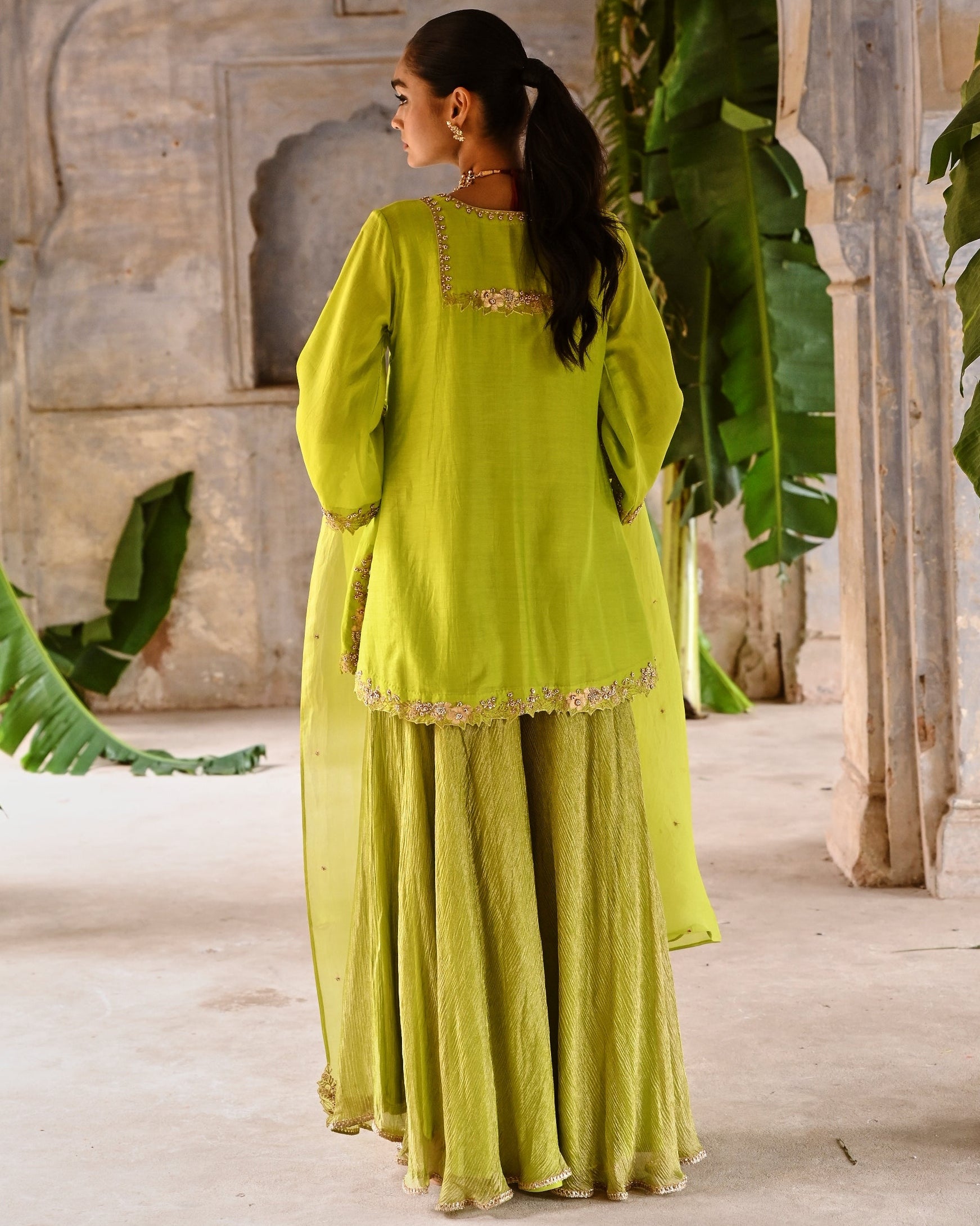 Lime Green Hand Embrodiered Short Kurta Set