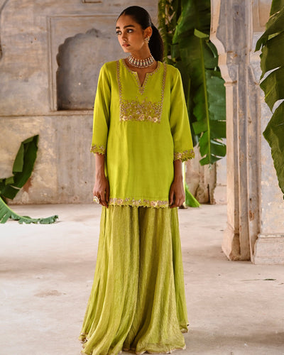 Lime Green Hand Embrodiered Short Kurta Set