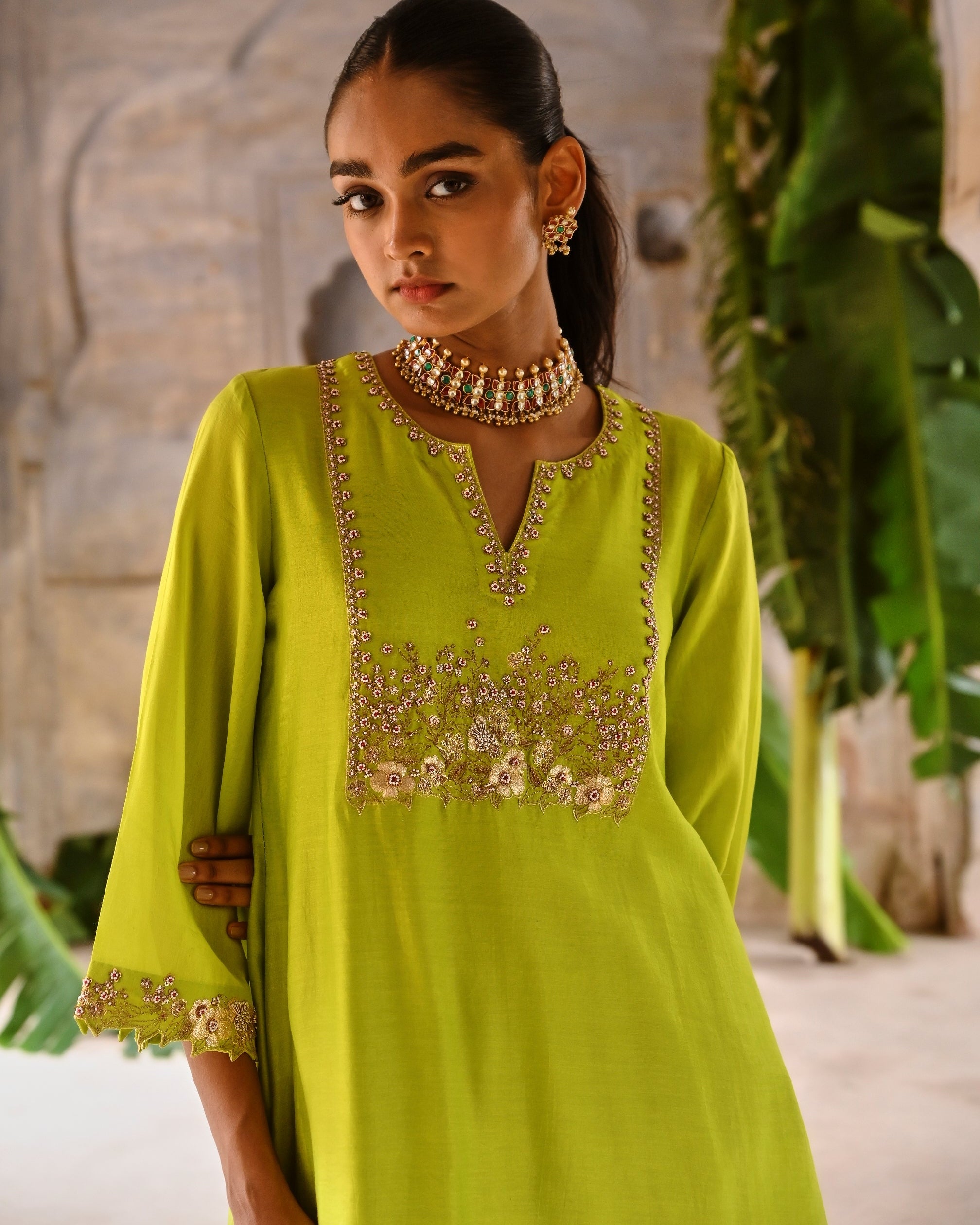 Lime Green Hand Embrodiered Short Kurta Set