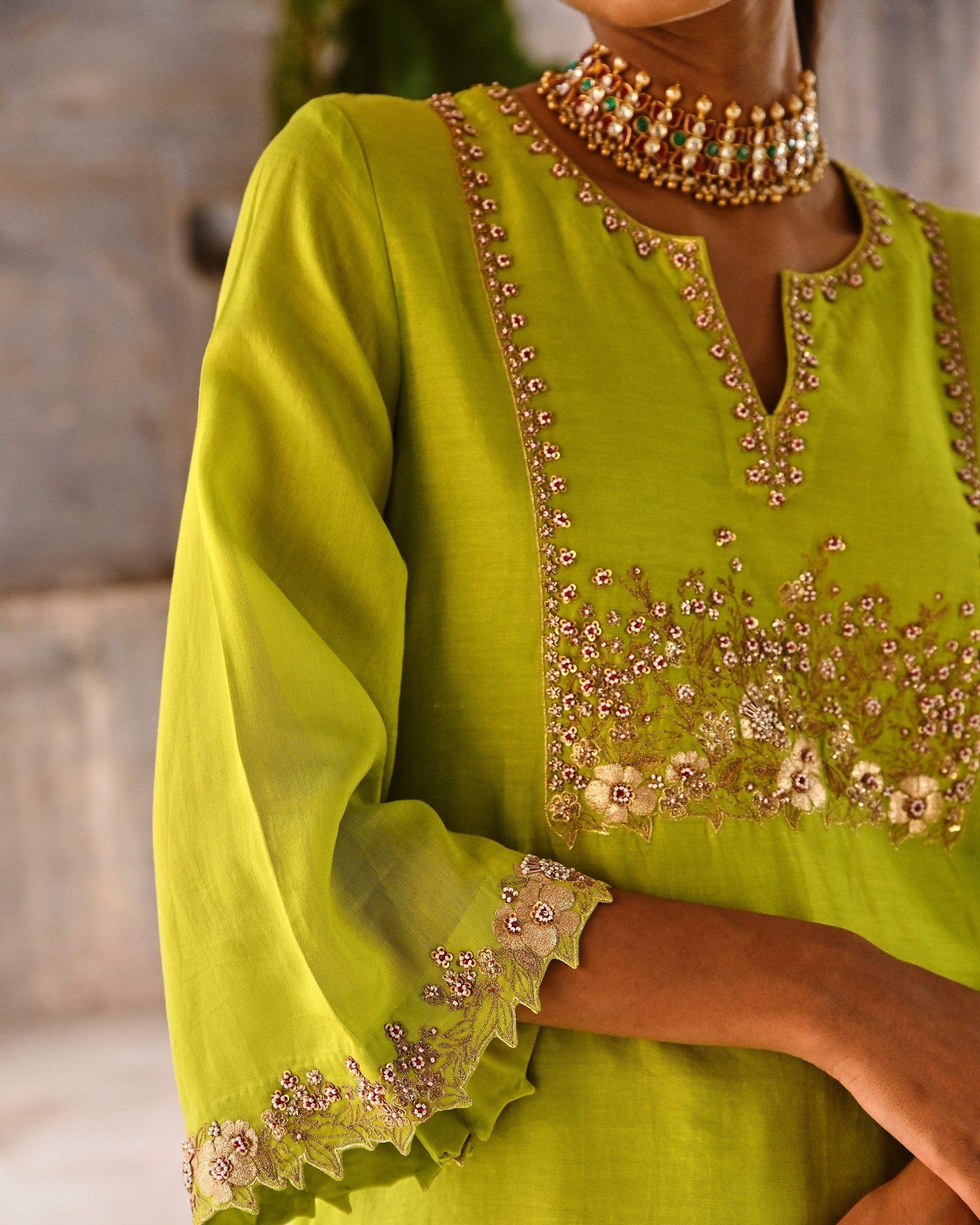 Lime Green Hand Embrodiered Short Kurta Set
