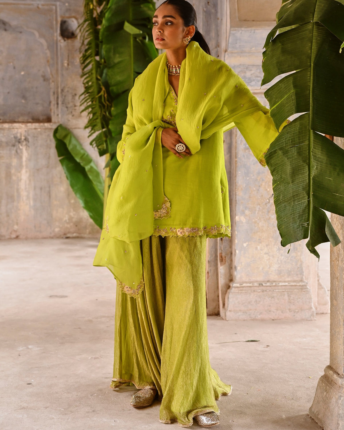 Lime Green Hand Embrodiered Short Kurta Set