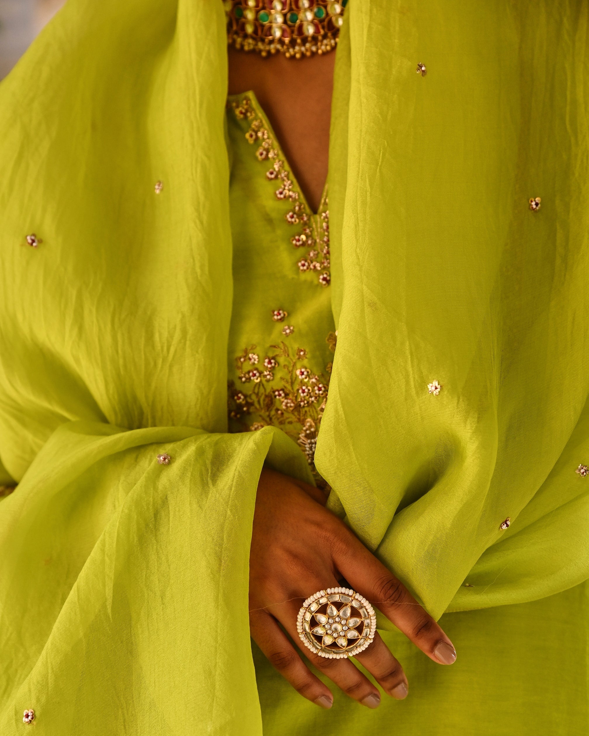 Lime Green Hand Embrodiered Short Kurta Set