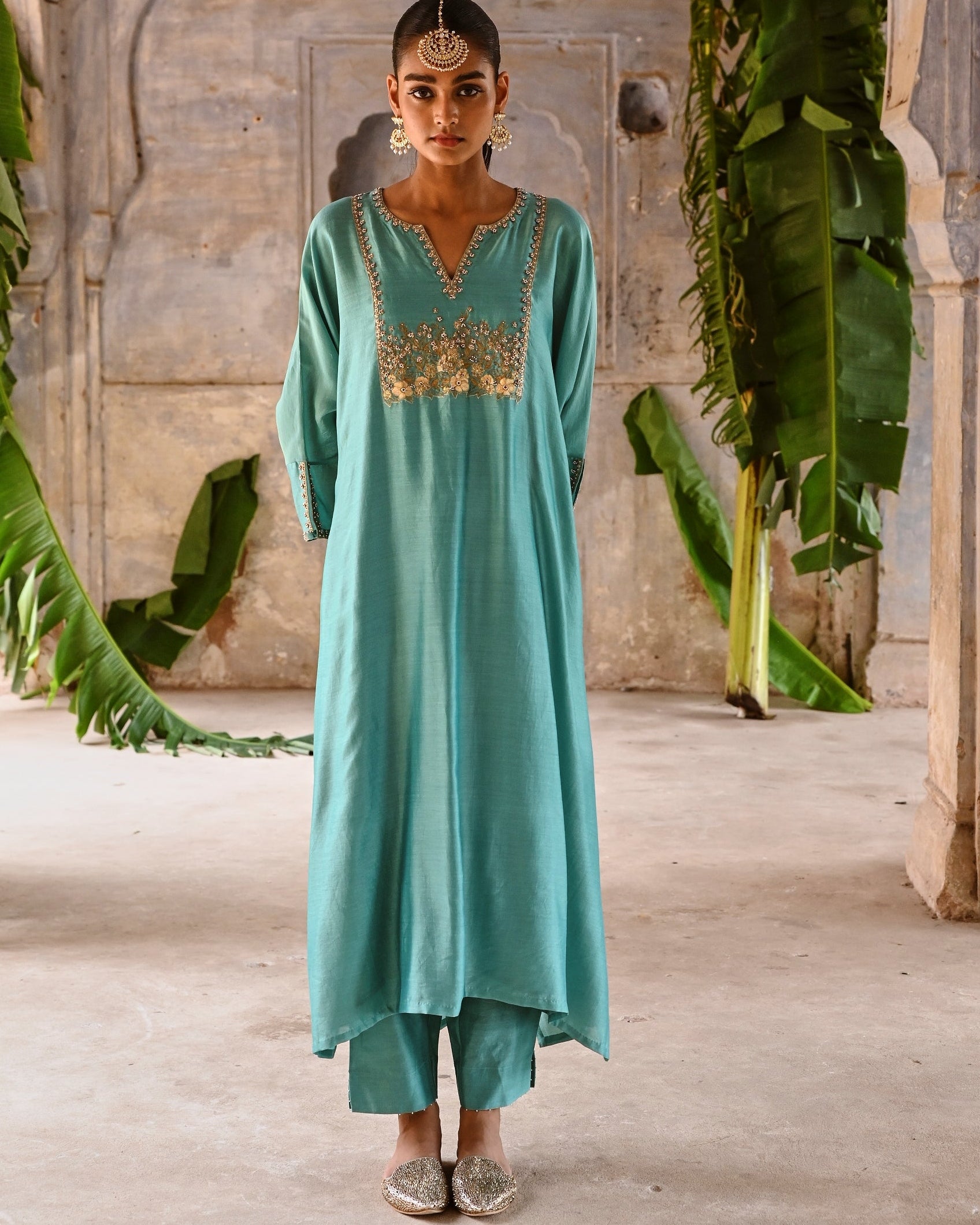 Powder Blue Hand Embroidered Kaftan