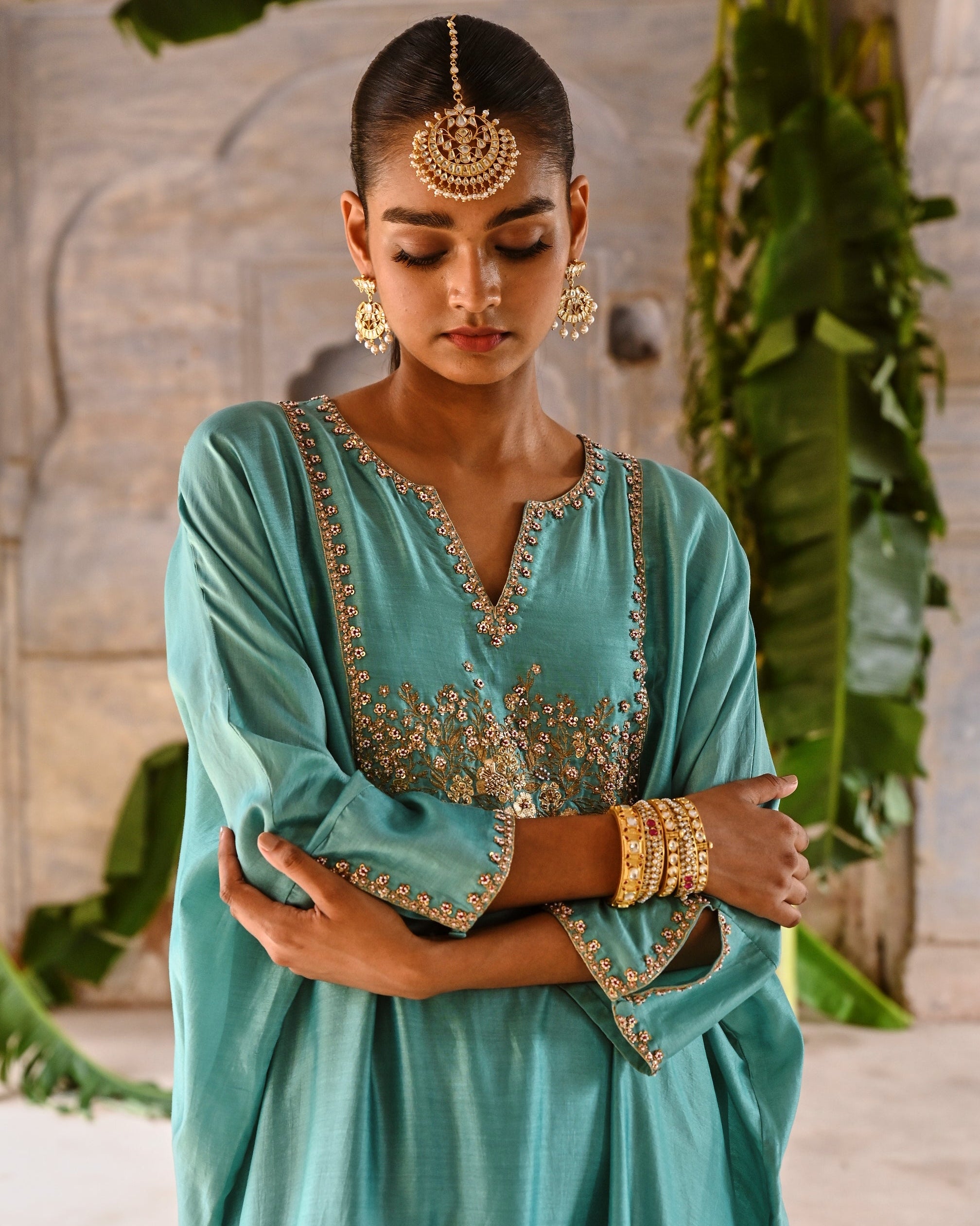 Powder Blue Hand Embroidered Kaftan