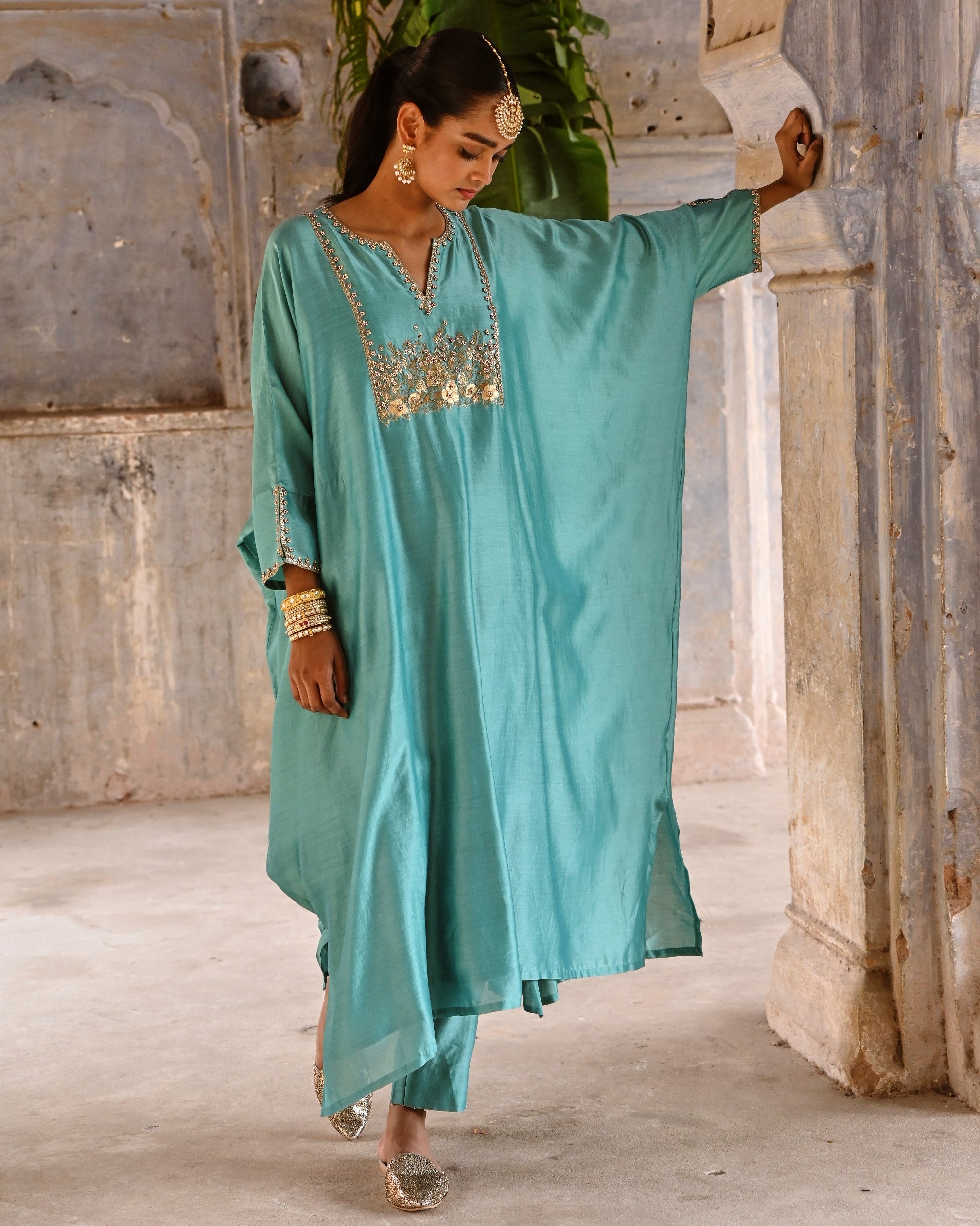 Powder Blue Hand Embroidered Kaftan