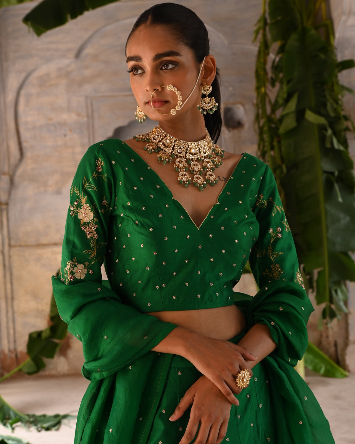Green Hand Embroidered Lehenga Set