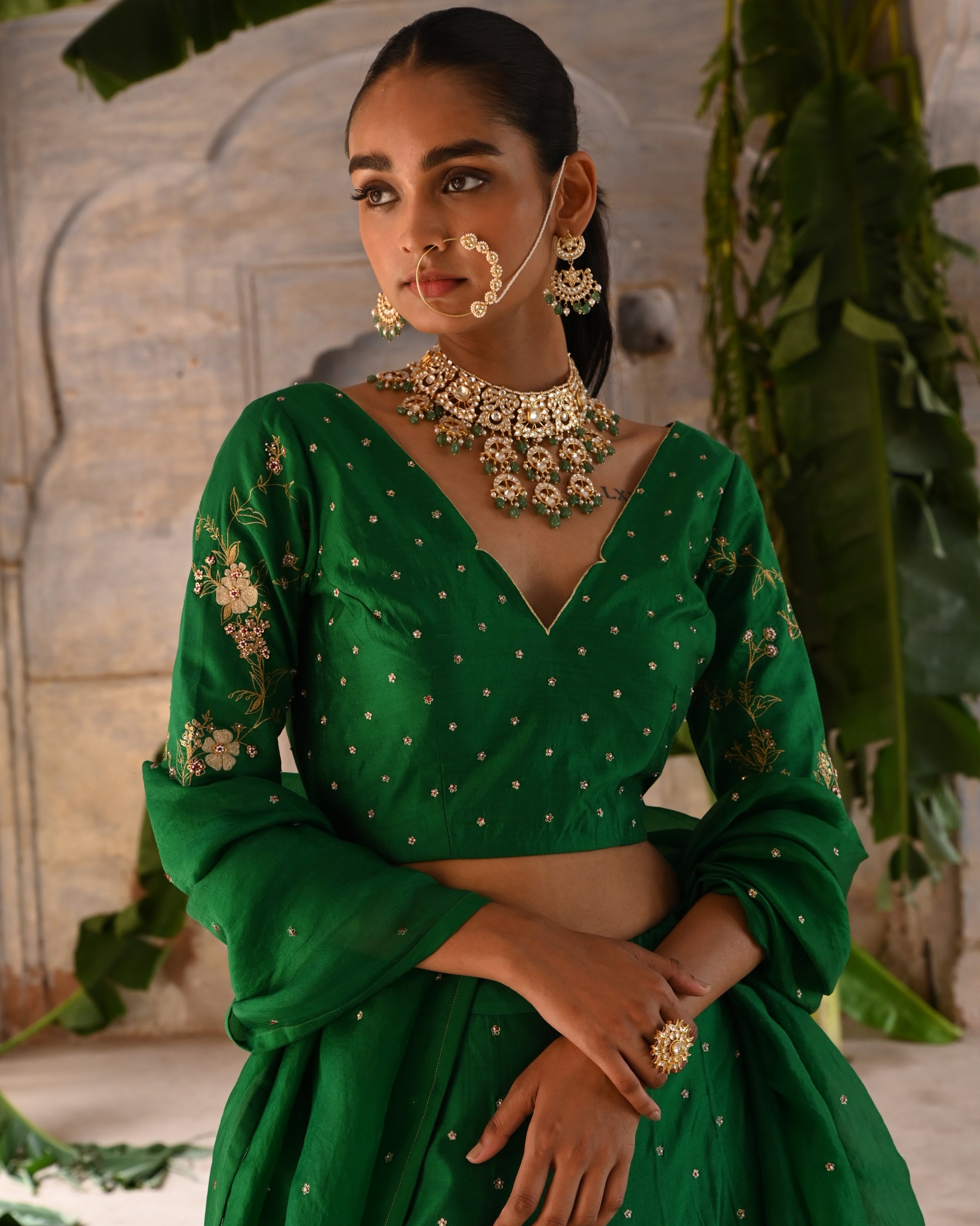 Green Hand Embroidered Lehenga Set