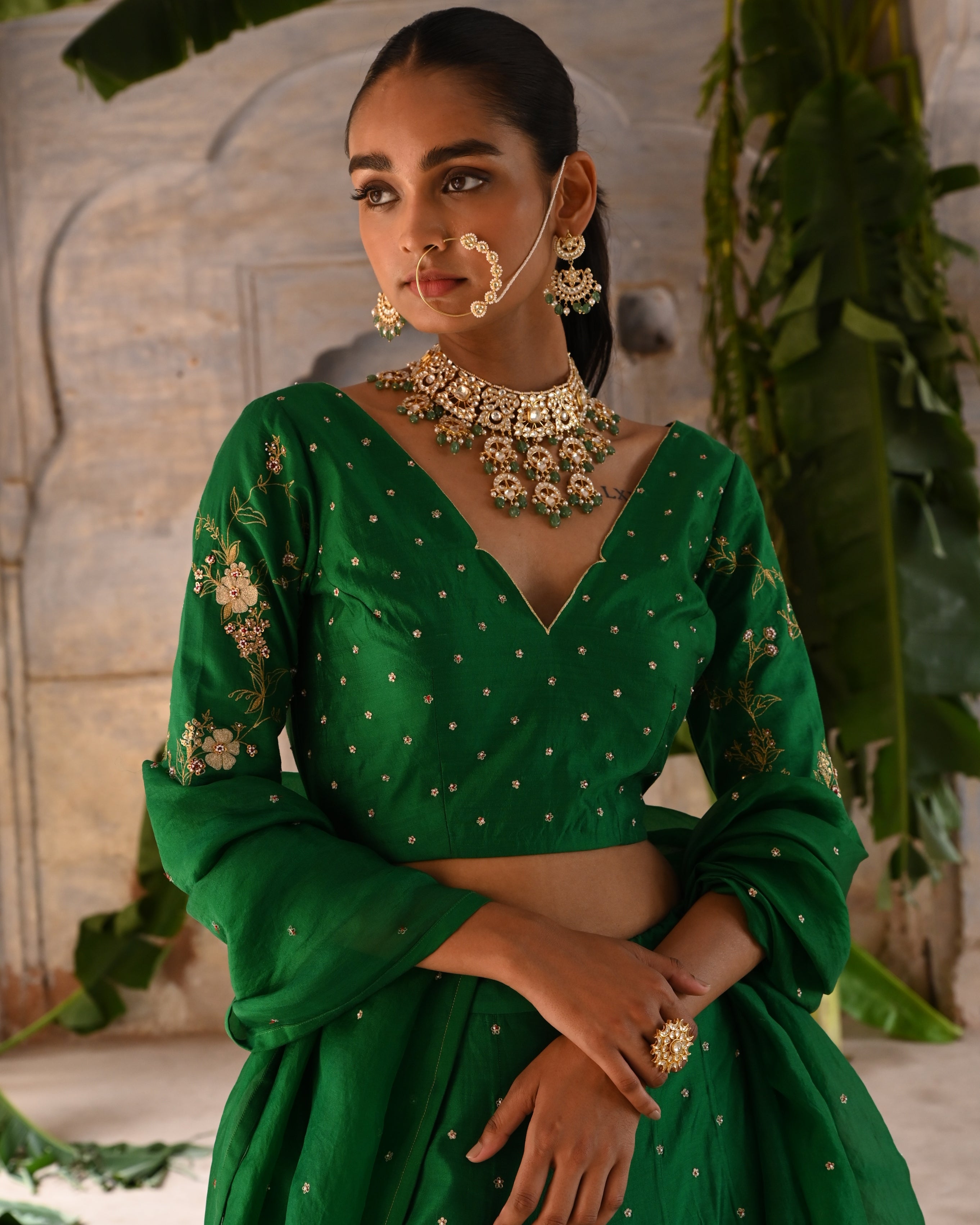 Green Hand Embroidered Lehenga Set