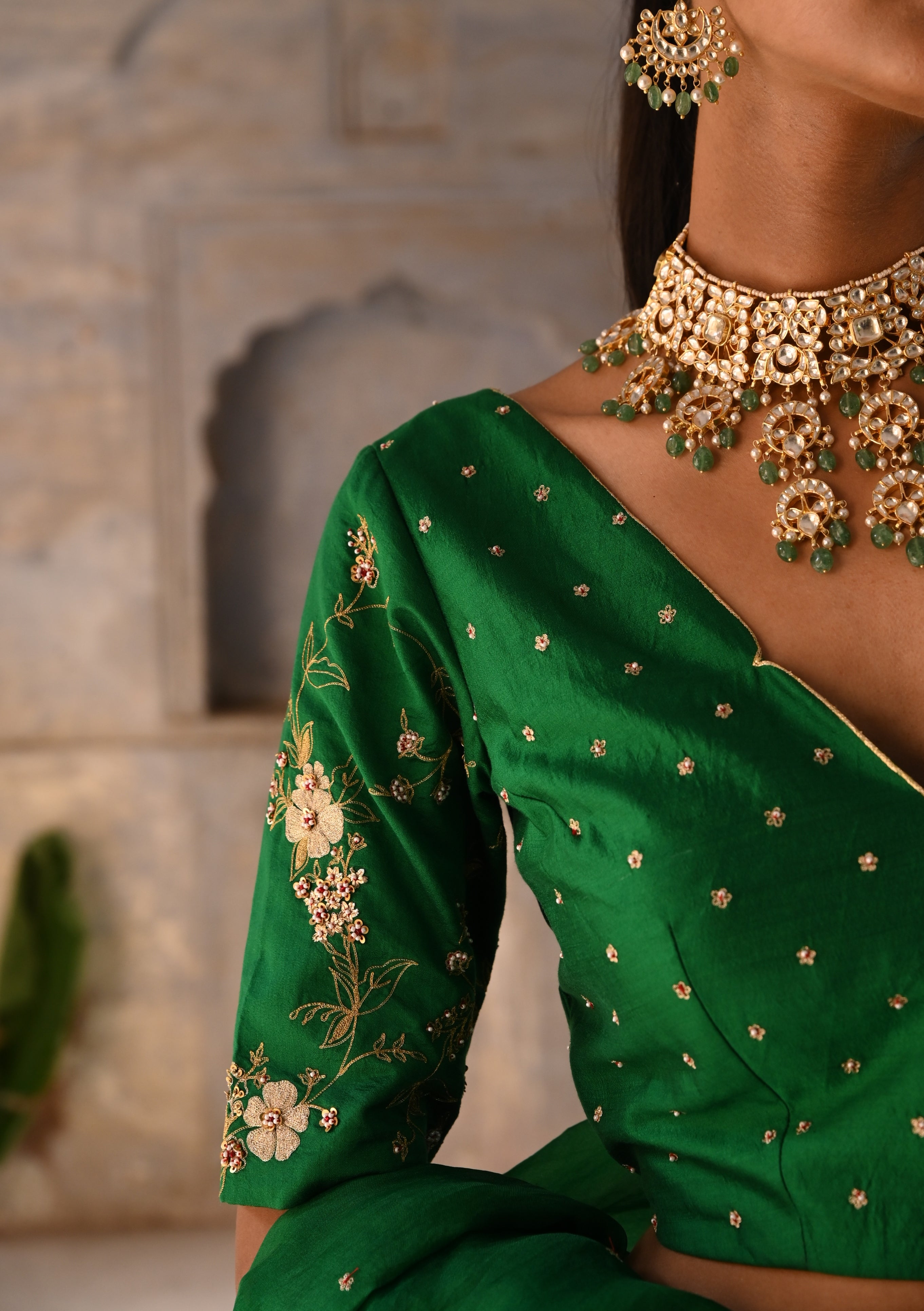 Green Hand Embroidered Lehenga Set