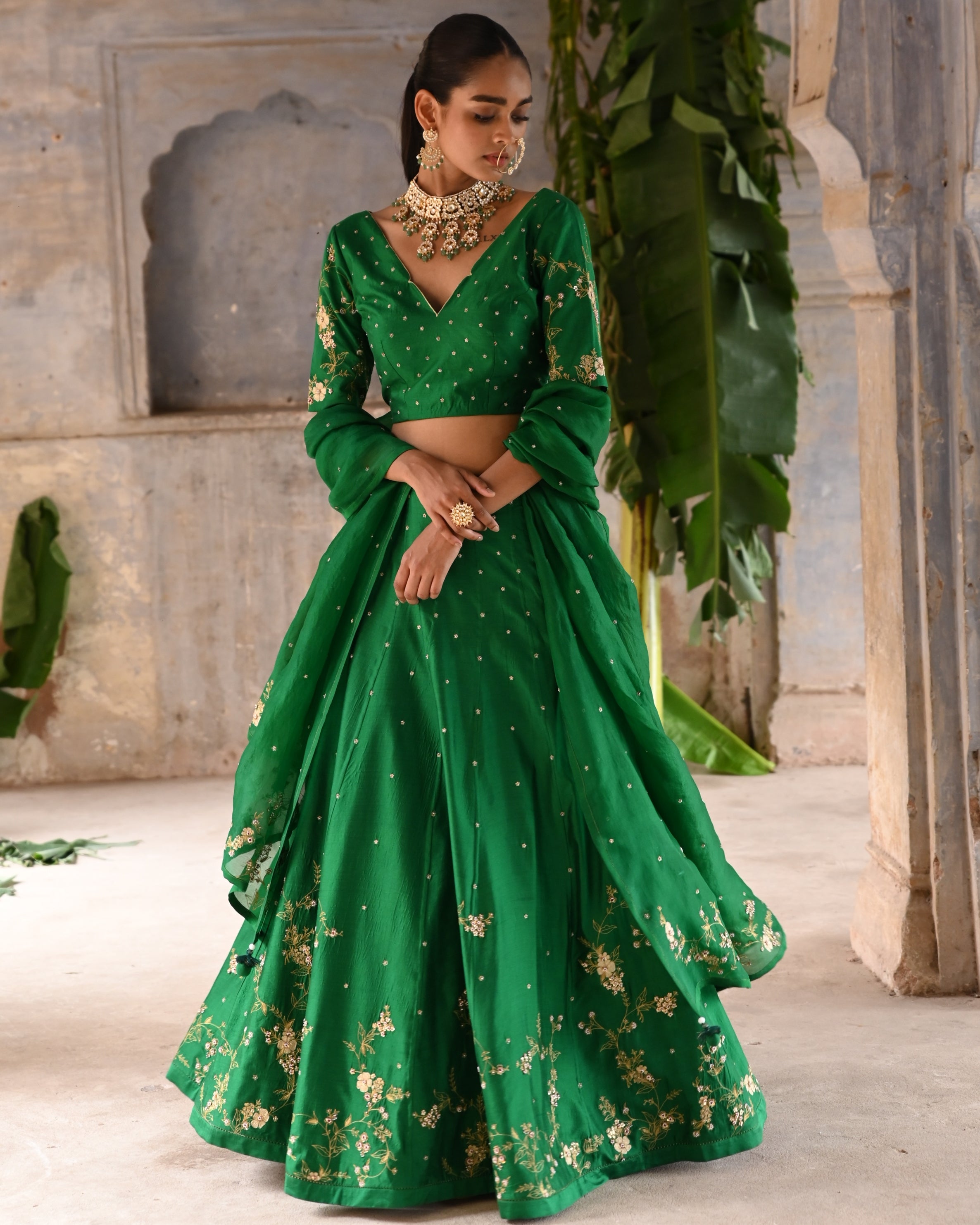 Green Hand Embroidered Lehenga Set