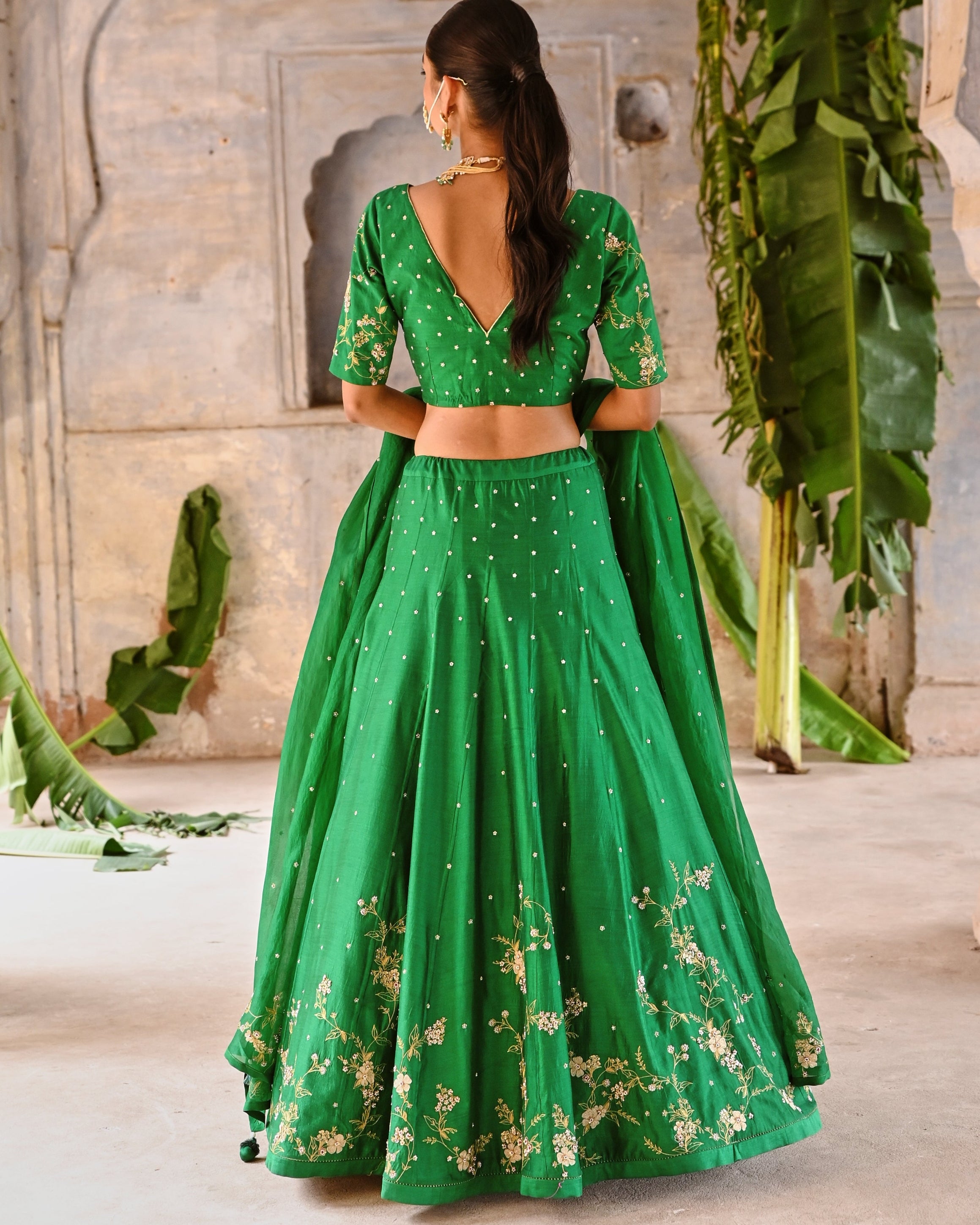 Green Hand Embroidered Lehenga Set