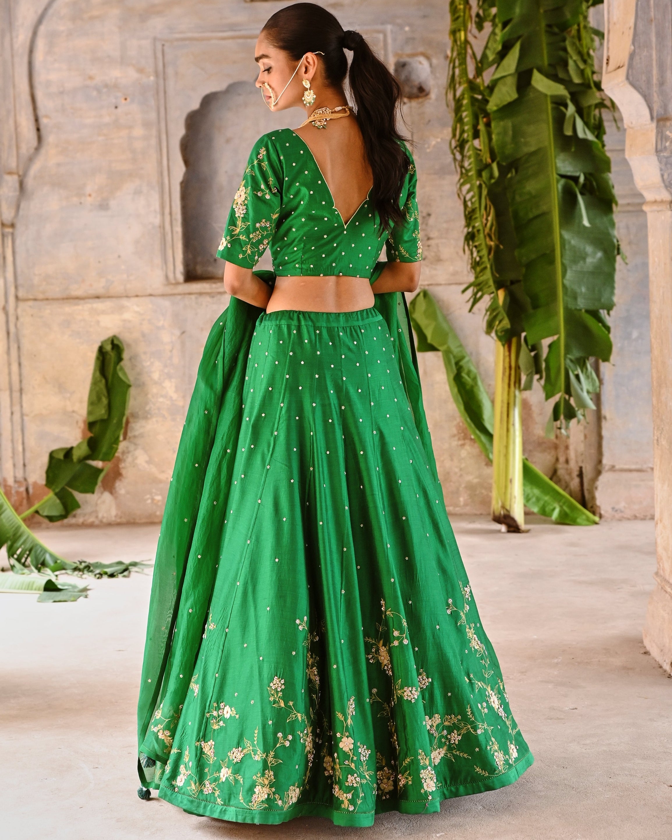 Green Hand Embroidered Lehenga Set
