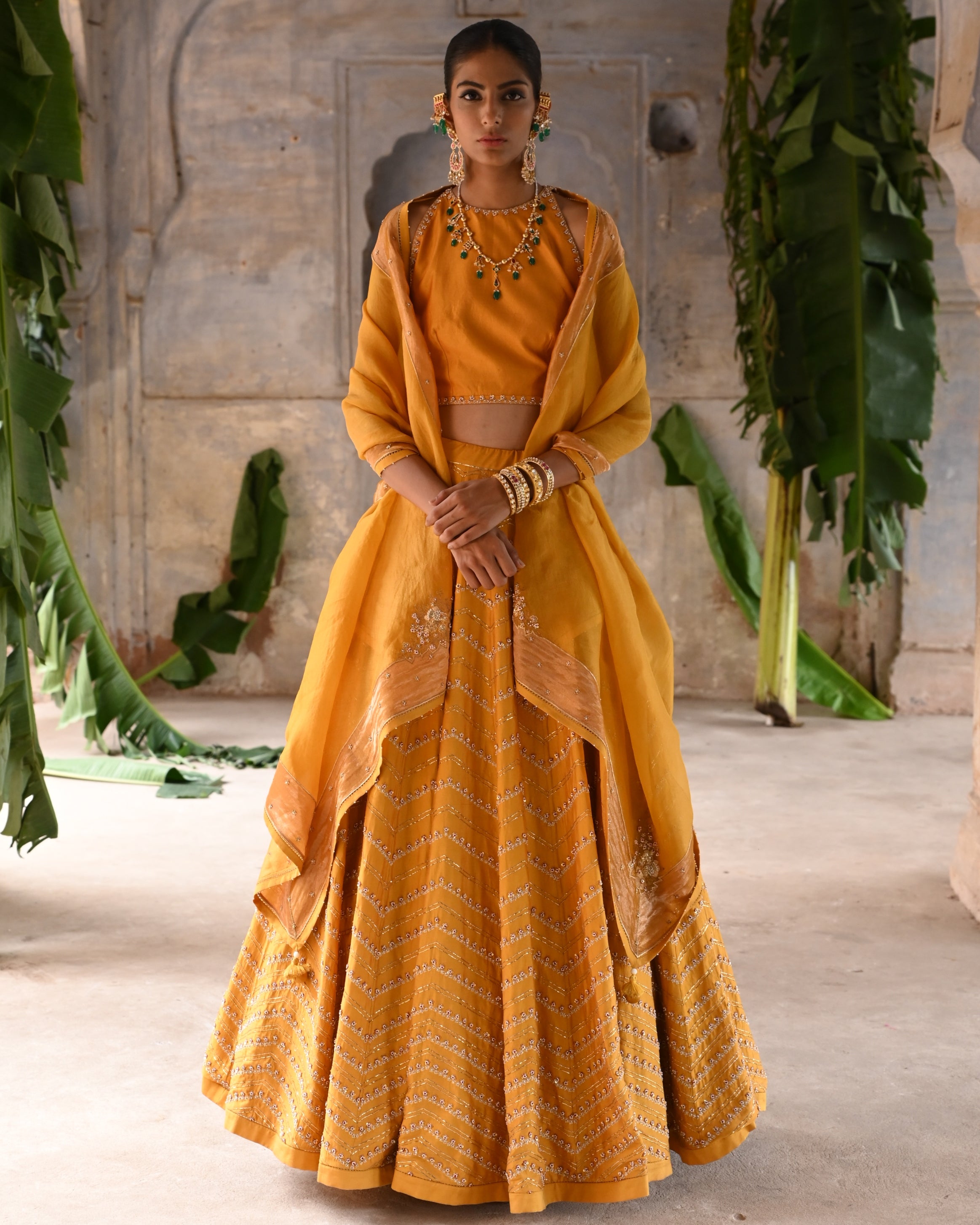 Mustard Yellow Hand Embroidered Lehenga Set