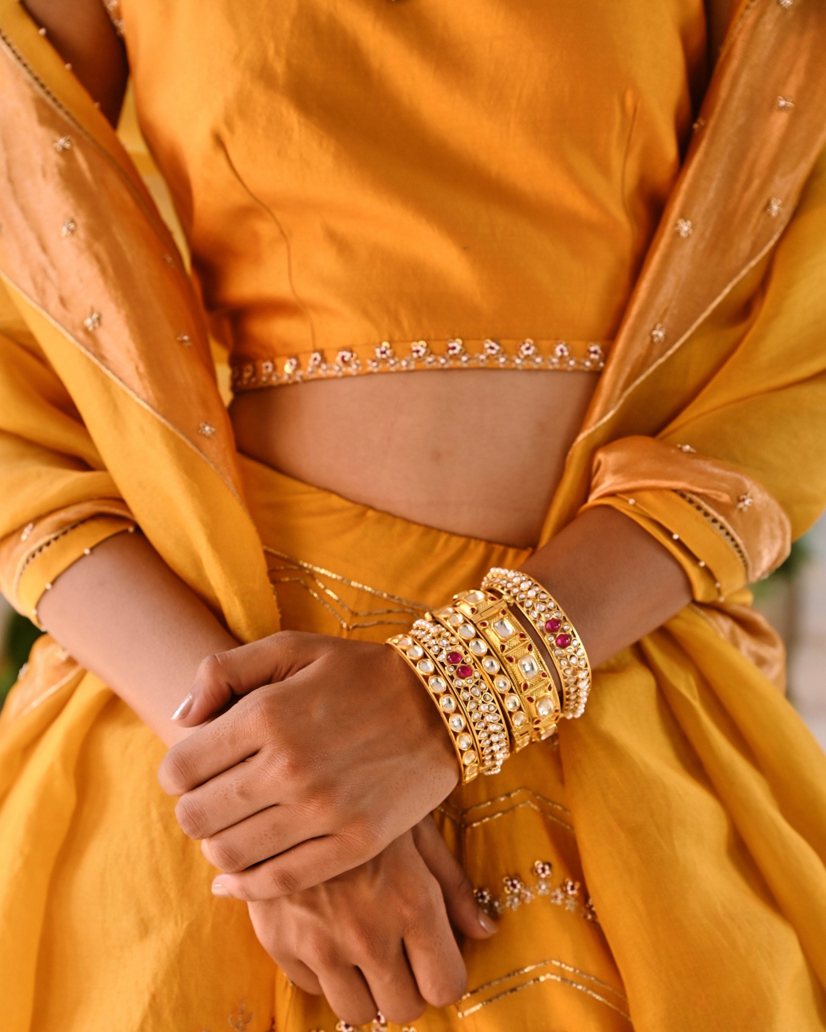 Mustard Yellow Hand Embroidered Lehenga Set