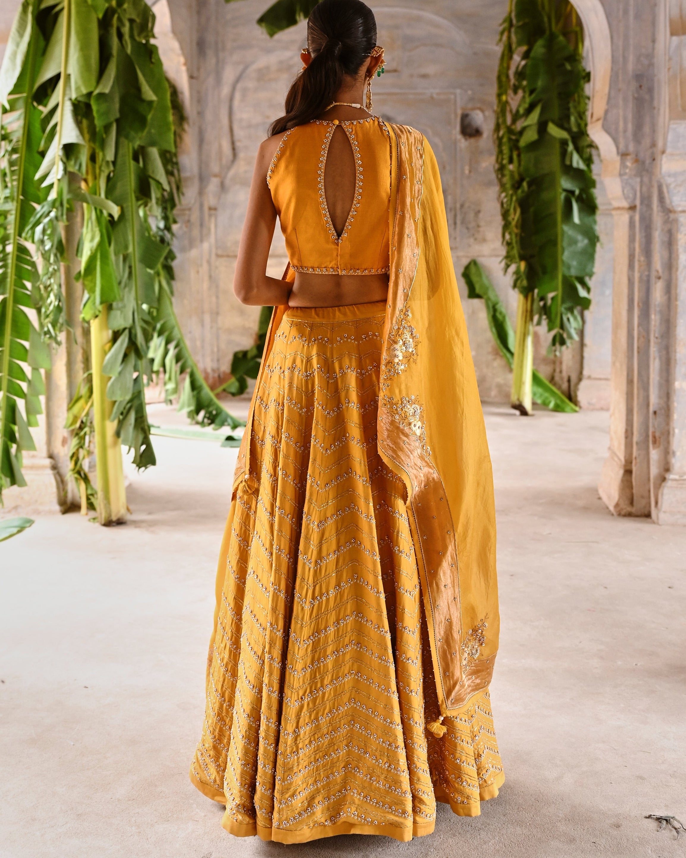 Mustard Yellow Hand Embroidered Lehenga Set