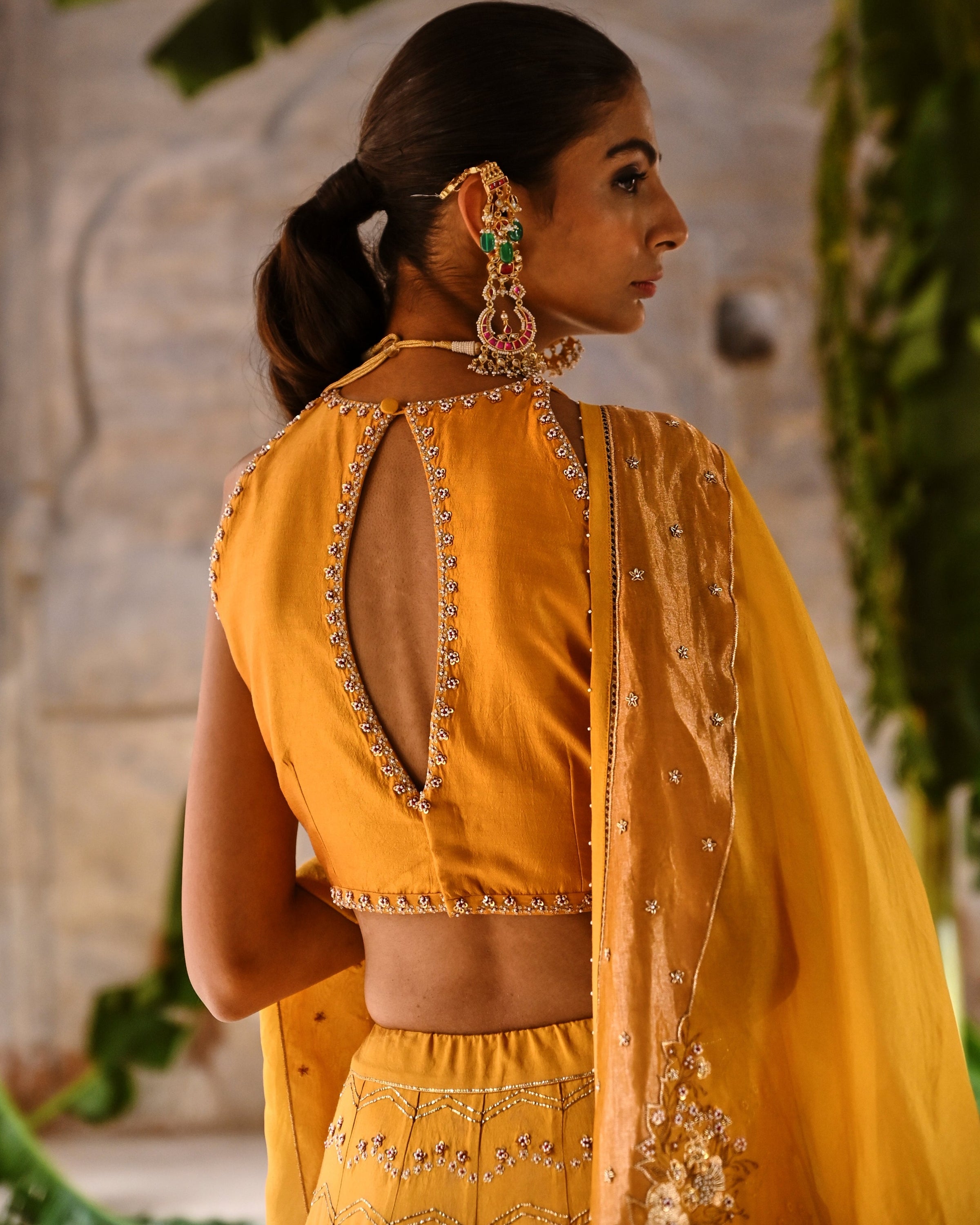Mustard Yellow Hand Embroidered Lehenga Set