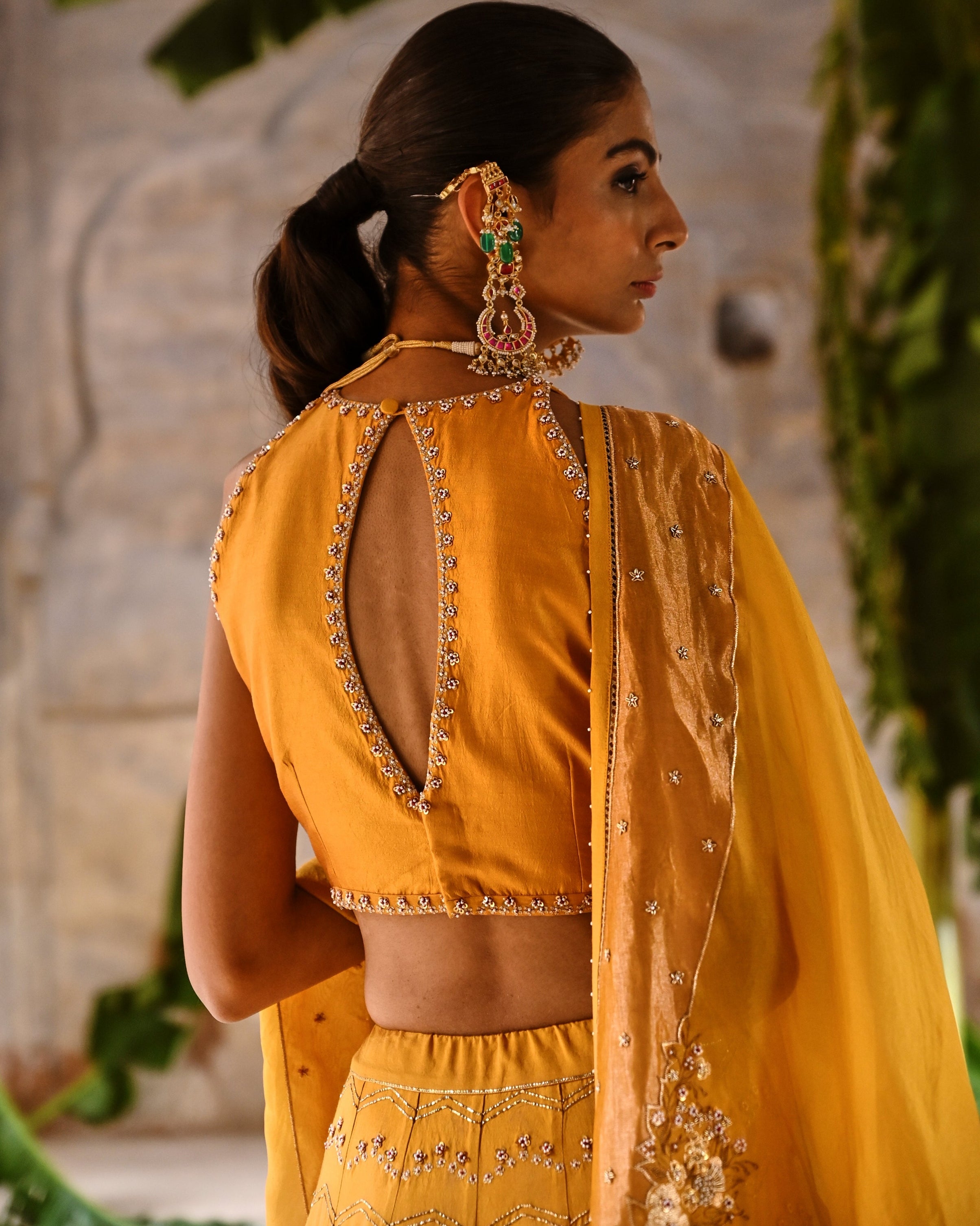 Mustard Yellow Hand Embroidered Lehenga Set