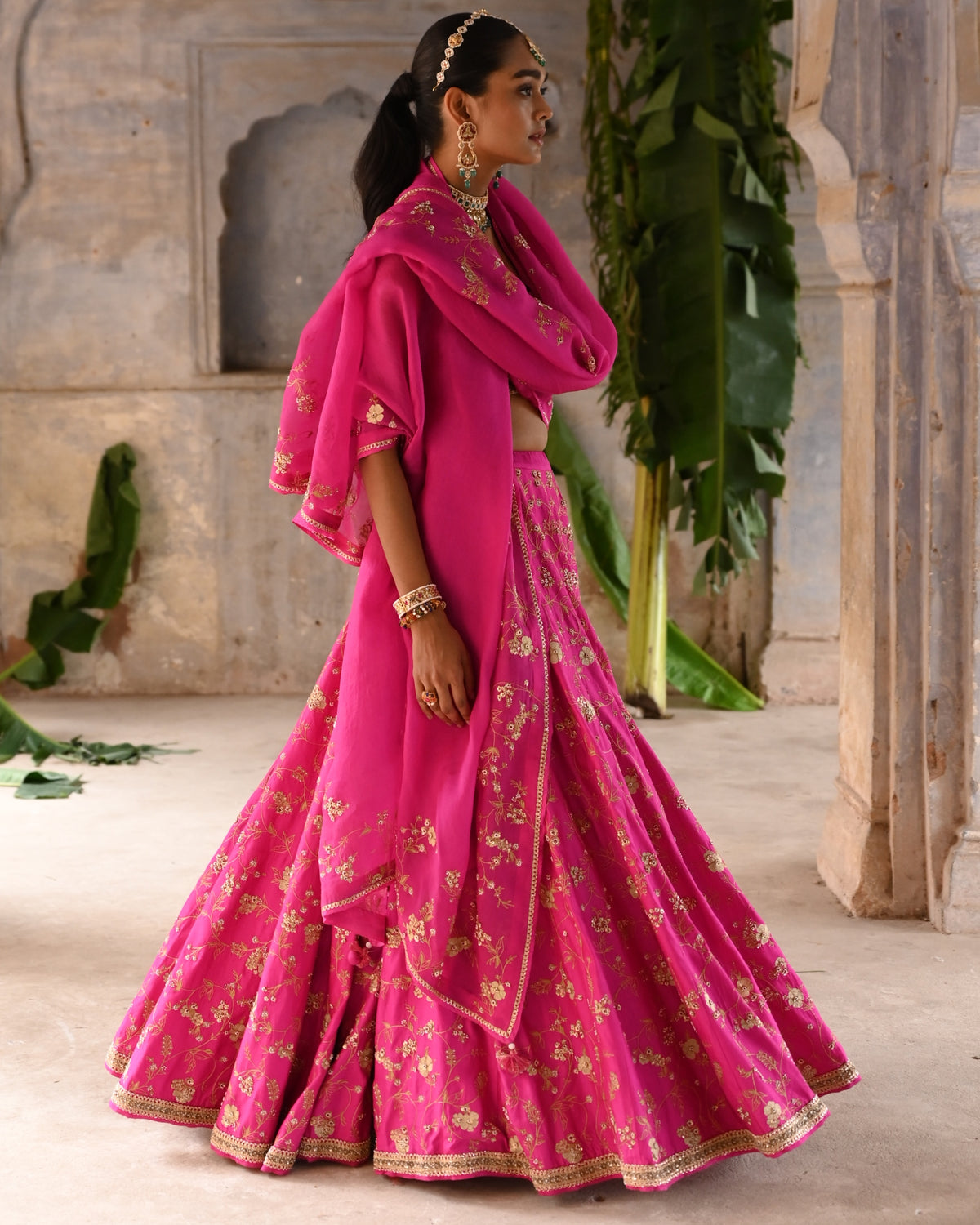 Fuchsia Pink Embroidered Lehenga Set