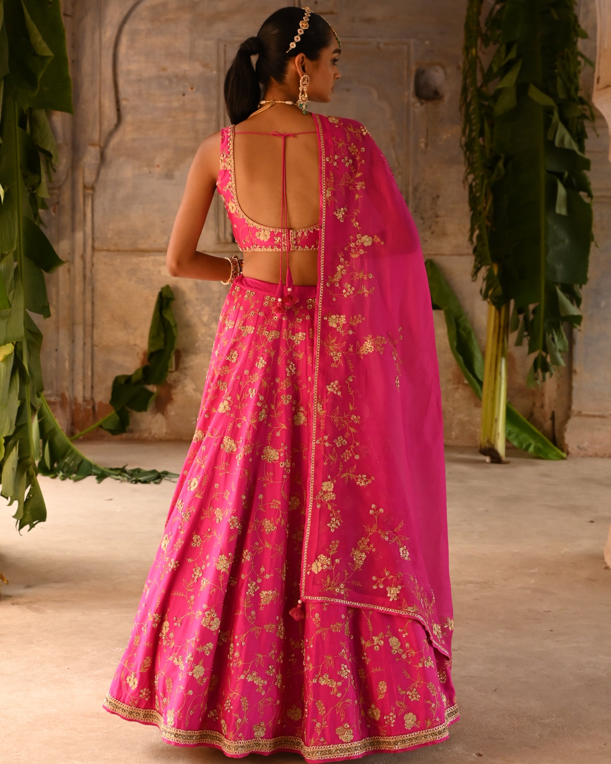 Fuchsia Pink Embroidered Lehenga Set