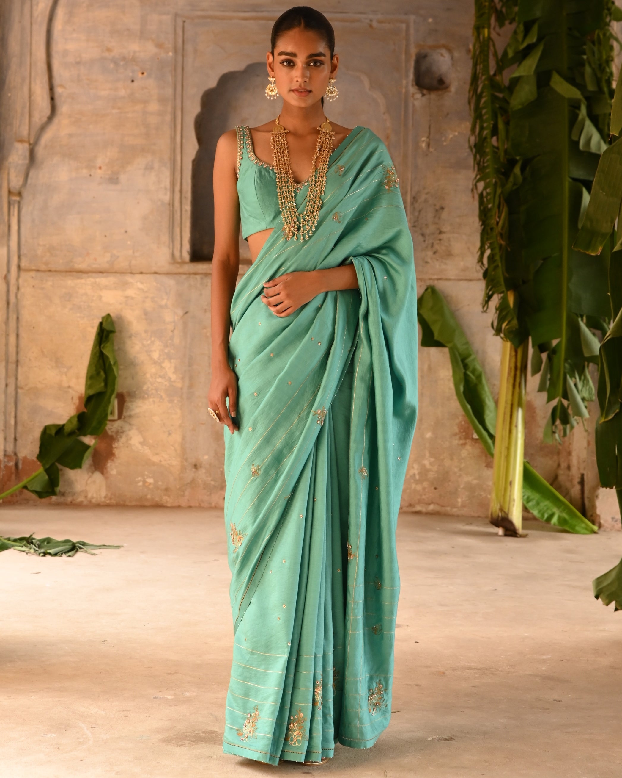 Powder Blue Hand Embroidered Sari With Blouse