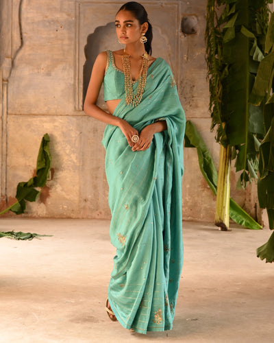 Powder Blue Hand Embroidered Sari With Blouse