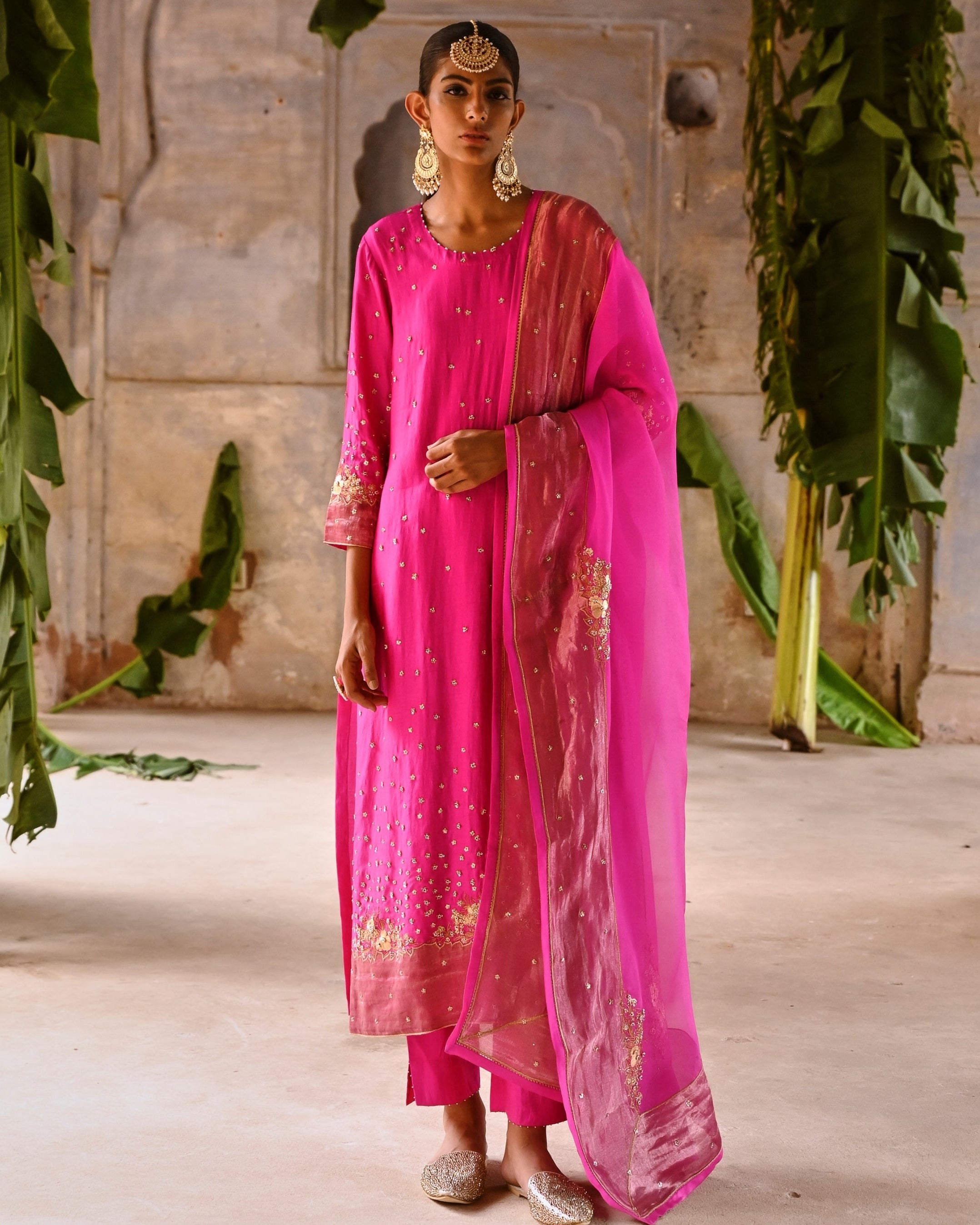 Fuchsia Pink Embroidered Straight Kurta Set