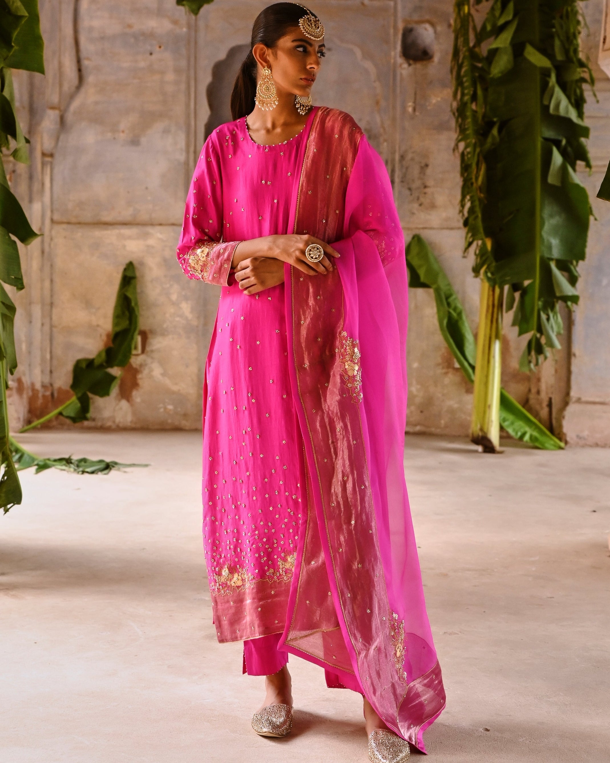 Fuchsia Pink Embroidered Straight Kurta Set