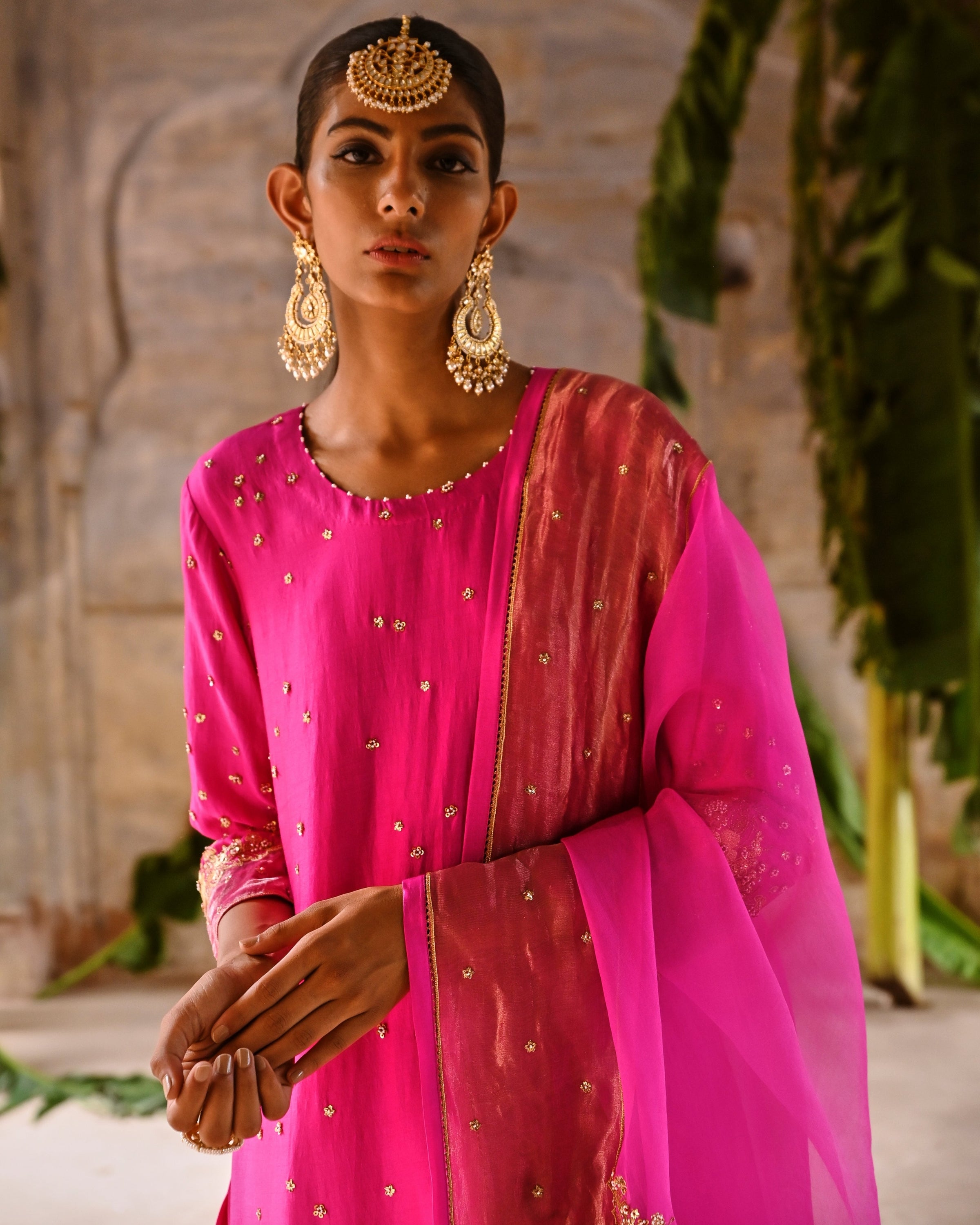 Fuchsia Pink Embroidered Straight Kurta Set