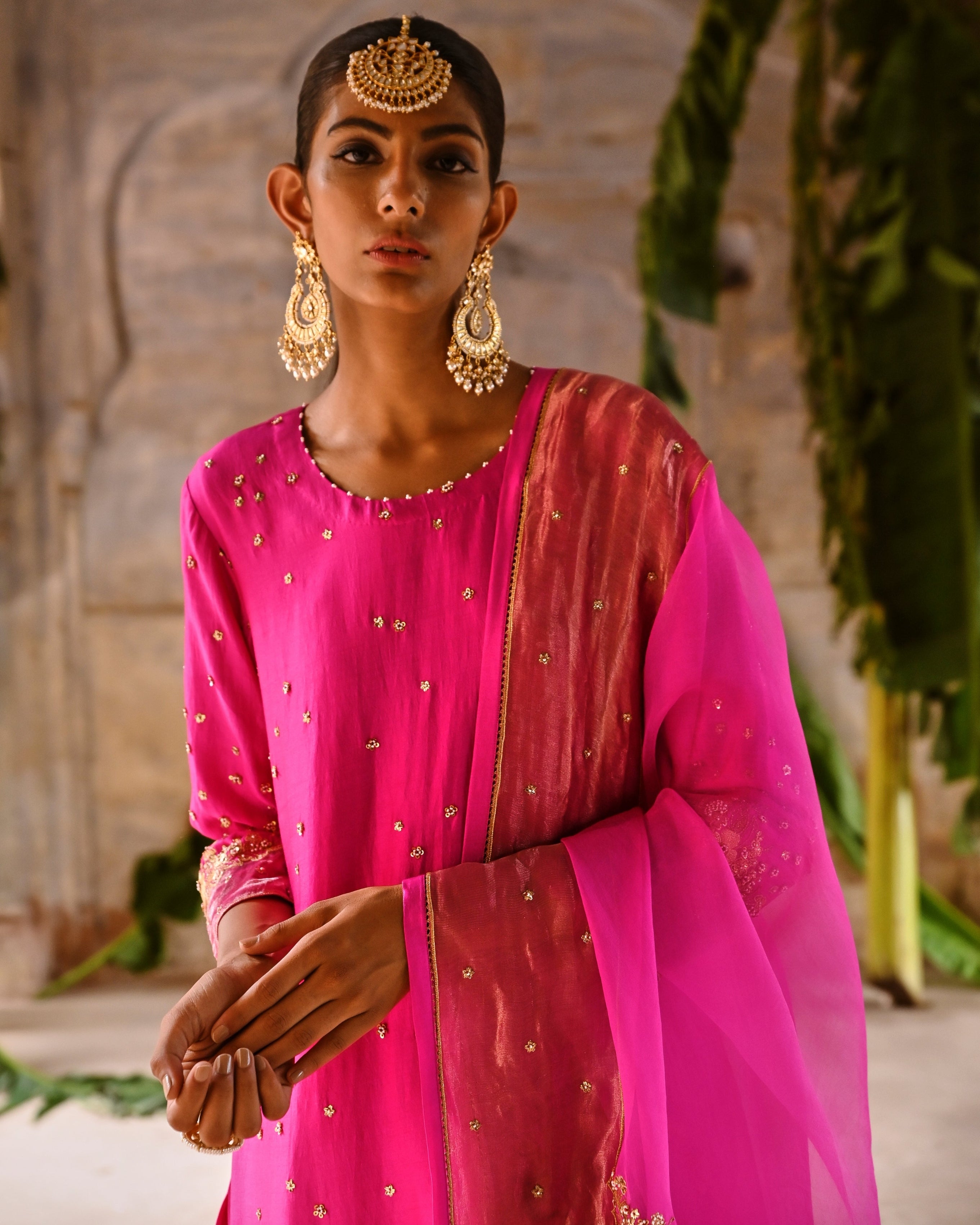 Fuchsia Pink Embroidered Straight Kurta Set