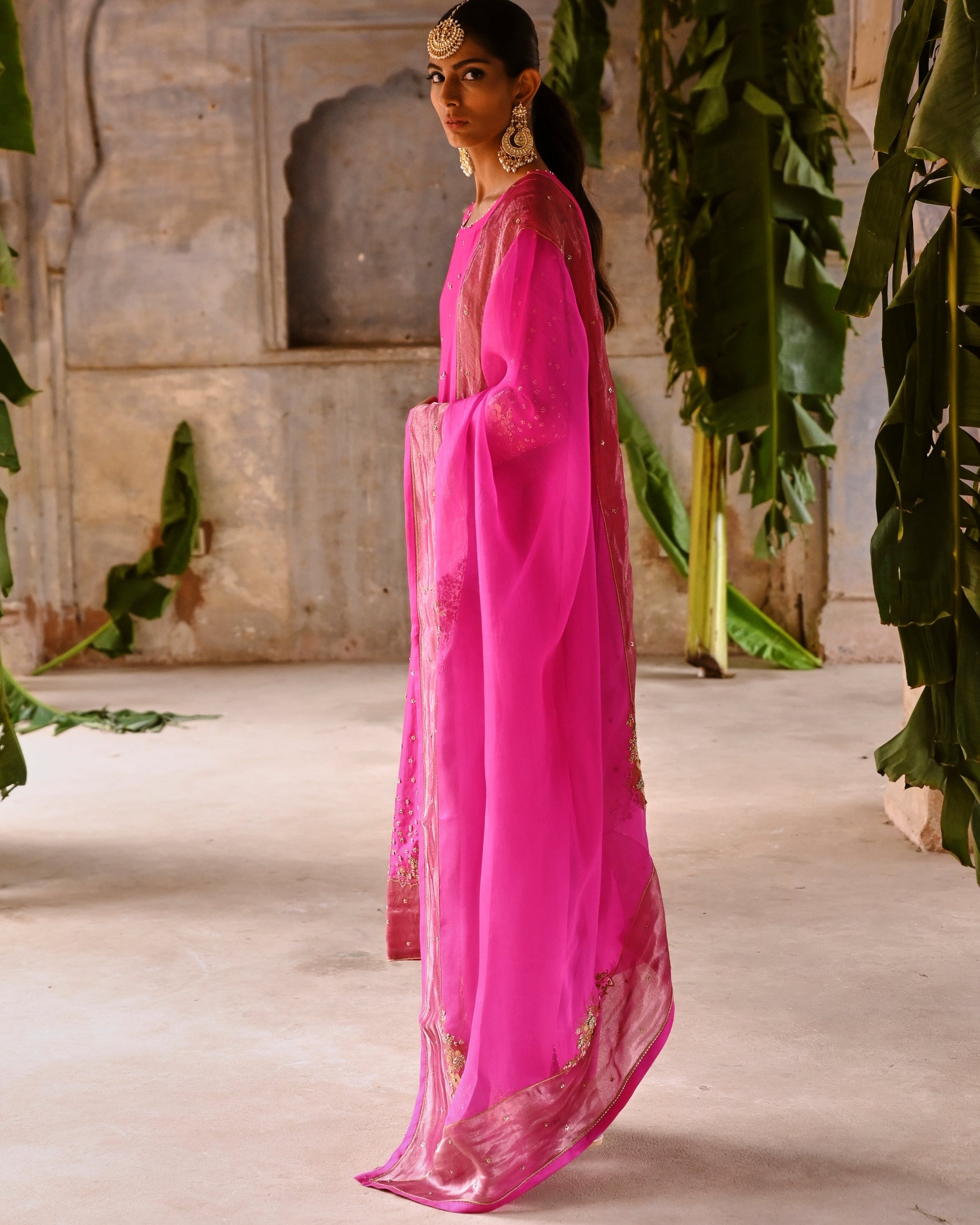 Fuchsia Pink Embroidered Straight Kurta Set