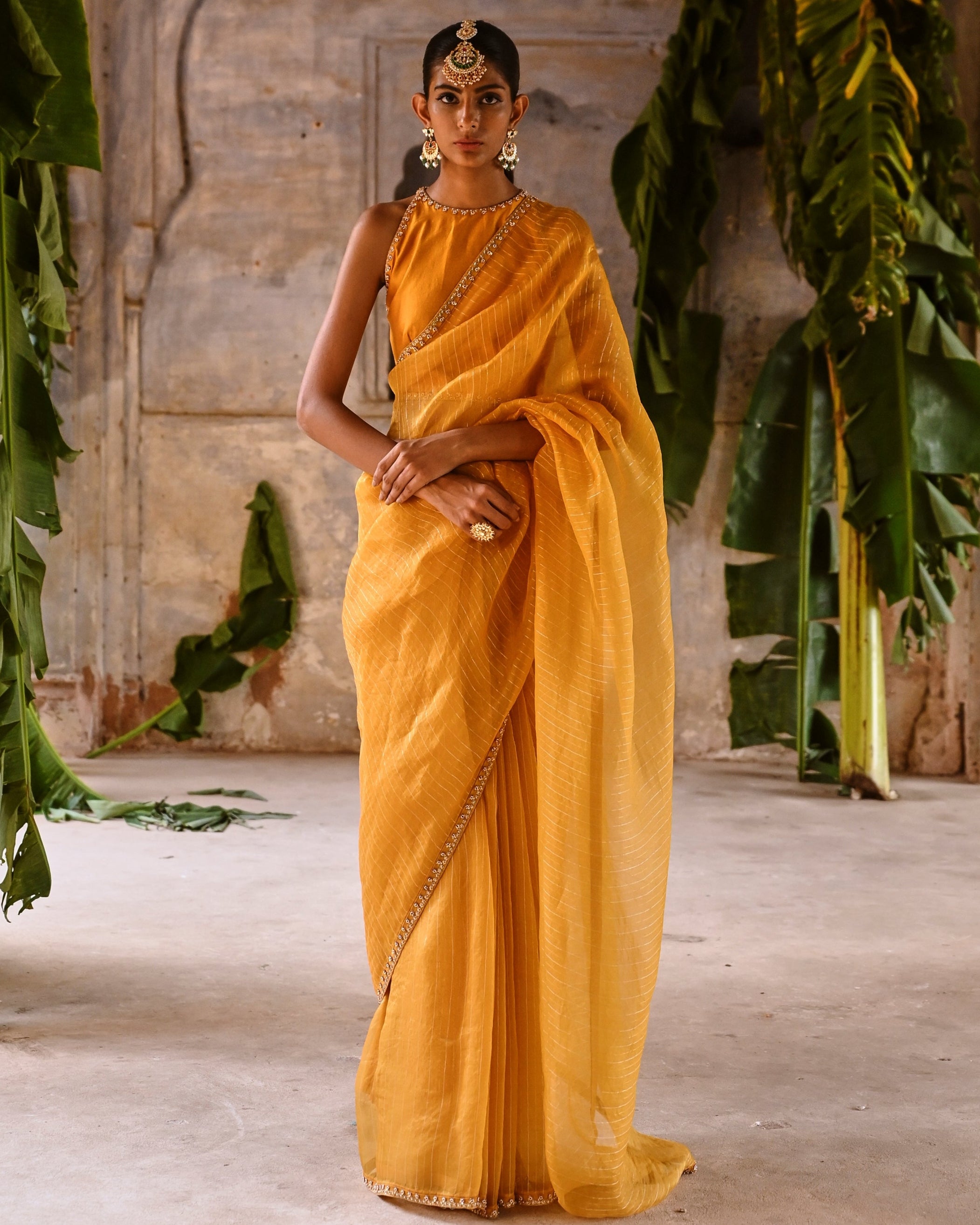 Mustard Yellow Embrodiered Sari With Blouse