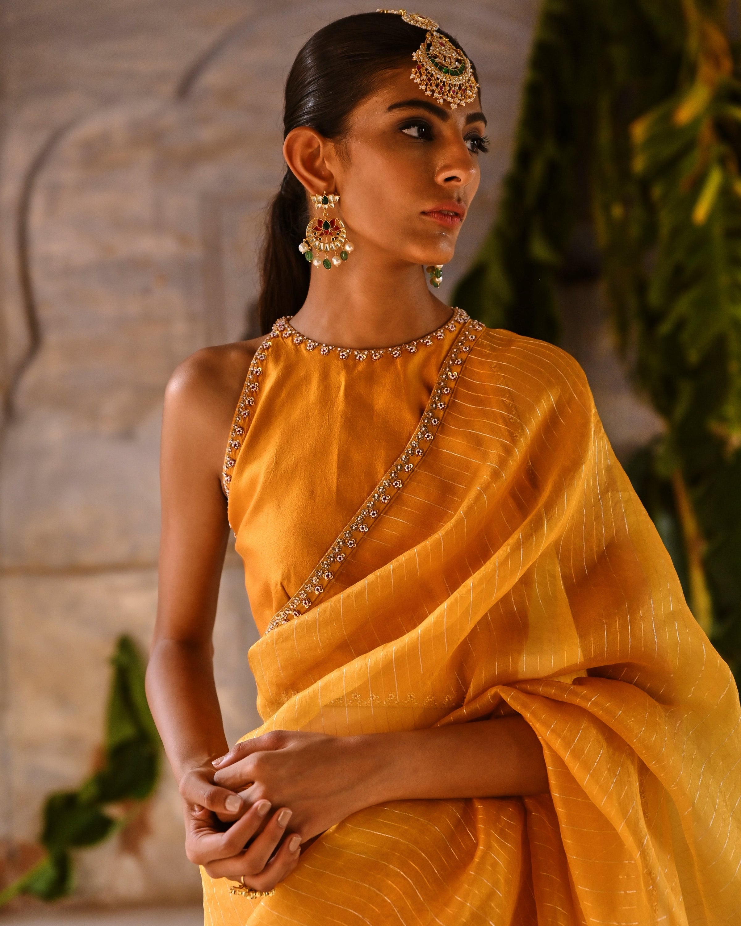 Mustard Yellow Embrodiered Sari With Blouse