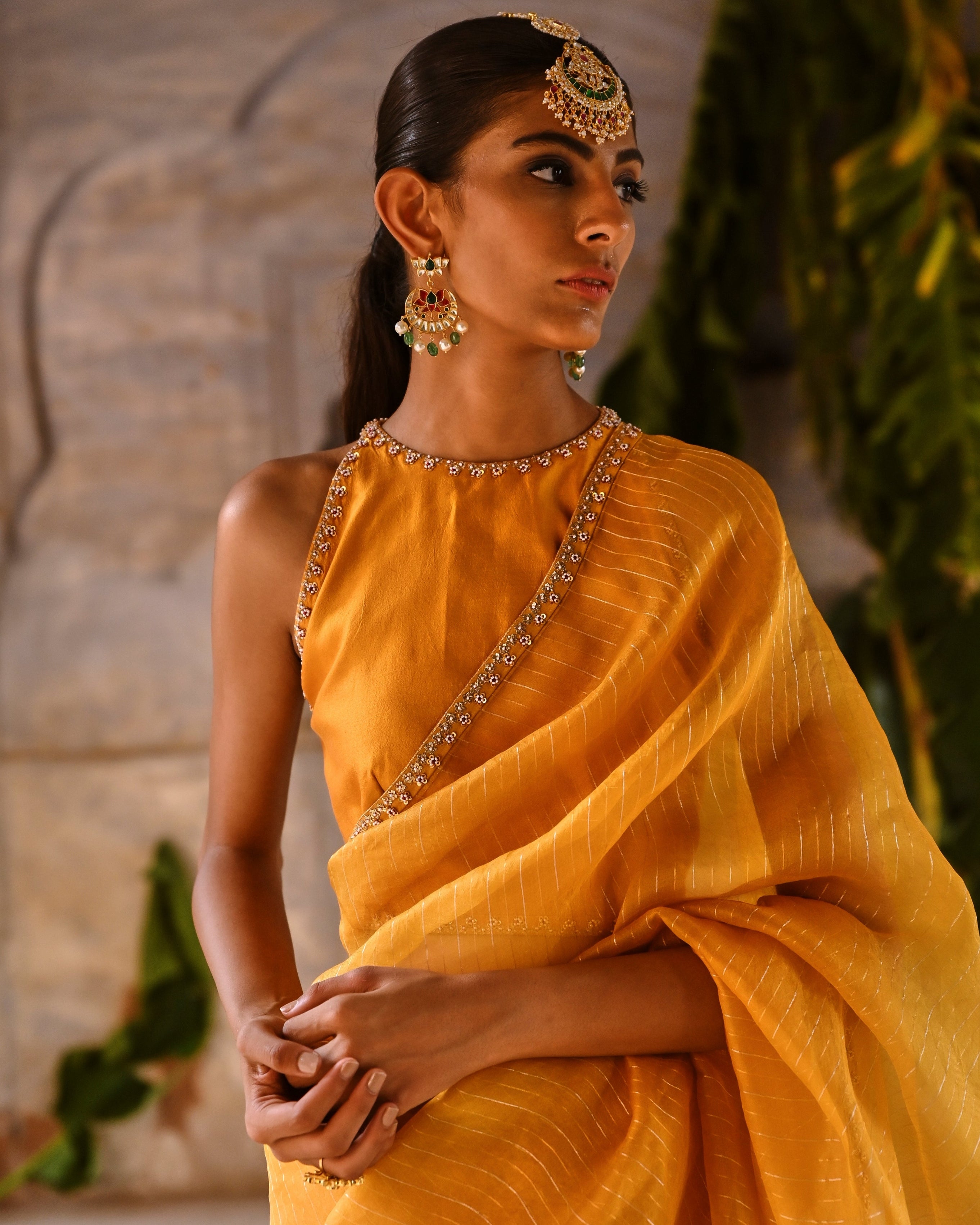 Mustard Yellow Embrodiered Sari With Blouse