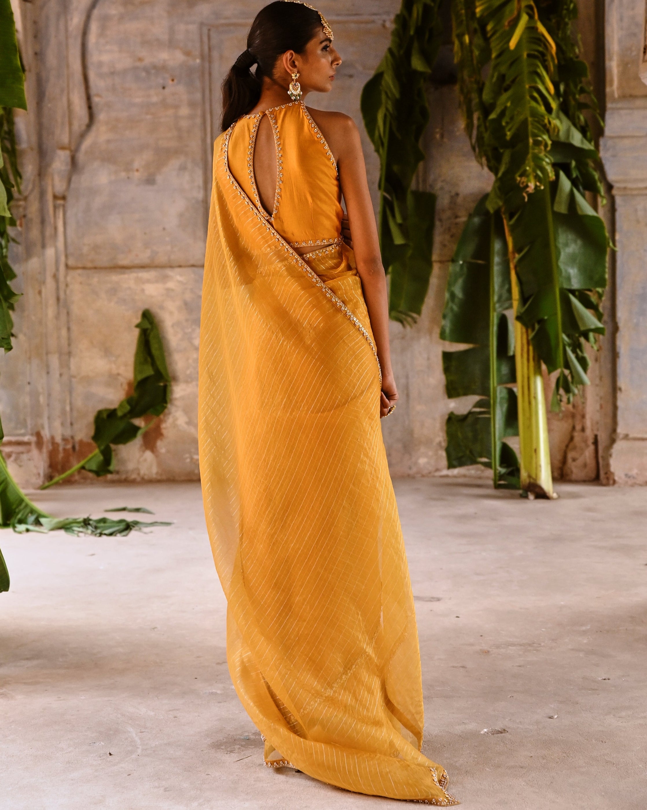 Mustard Yellow Embrodiered Sari With Blouse