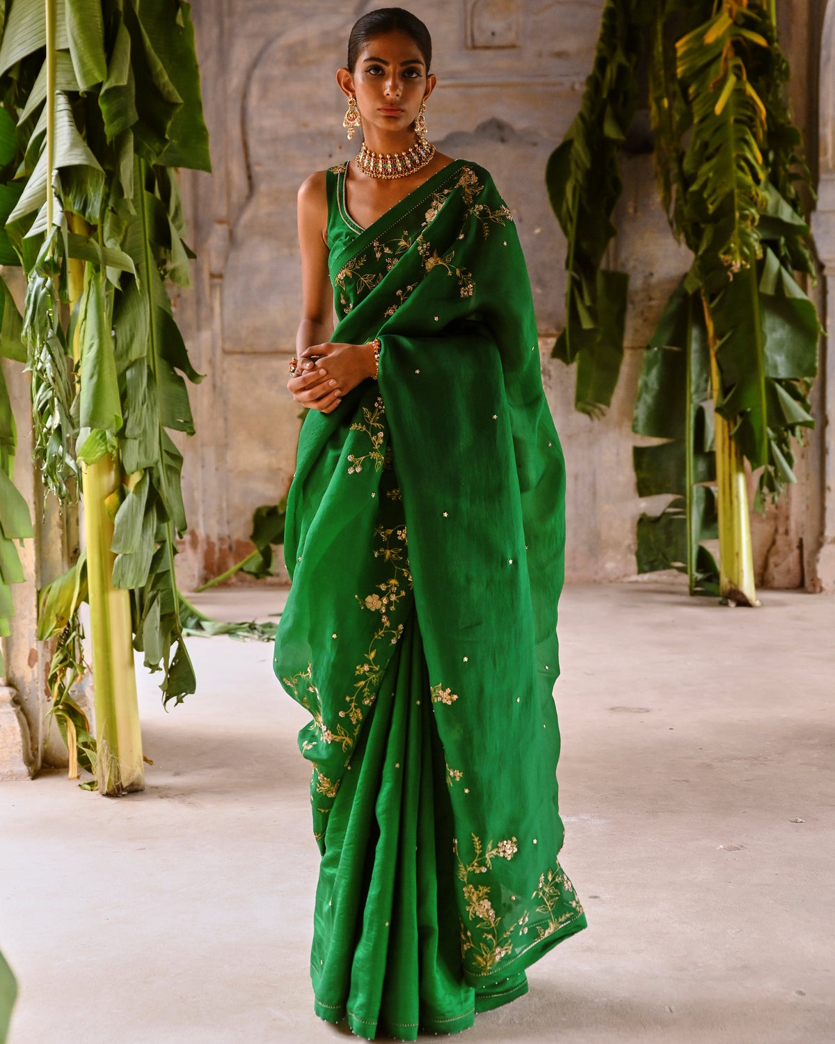 Green Half Organza And Half Silk Sari
