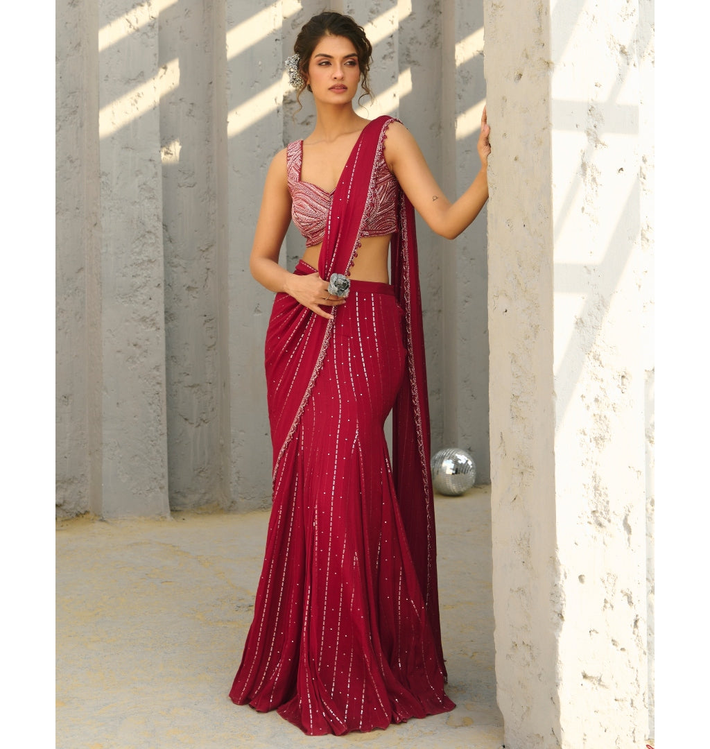 Halley Red Pre-Draped Sari Set