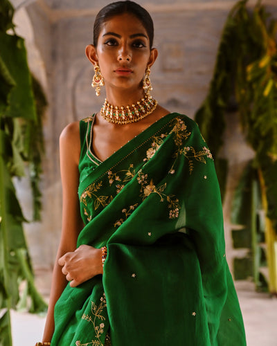 Green Half Organza And Half Silk Sari
