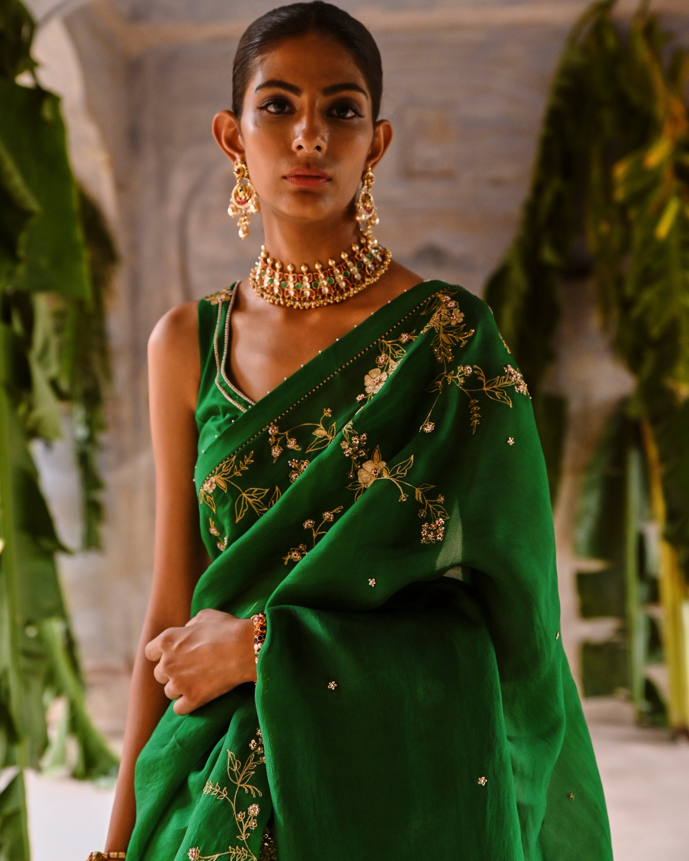 Green Half Organza And Half Silk Sari