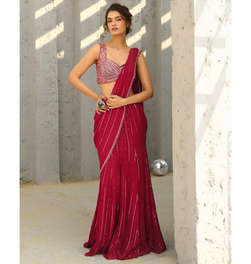 Halley Red Pre-Draped Sari Set