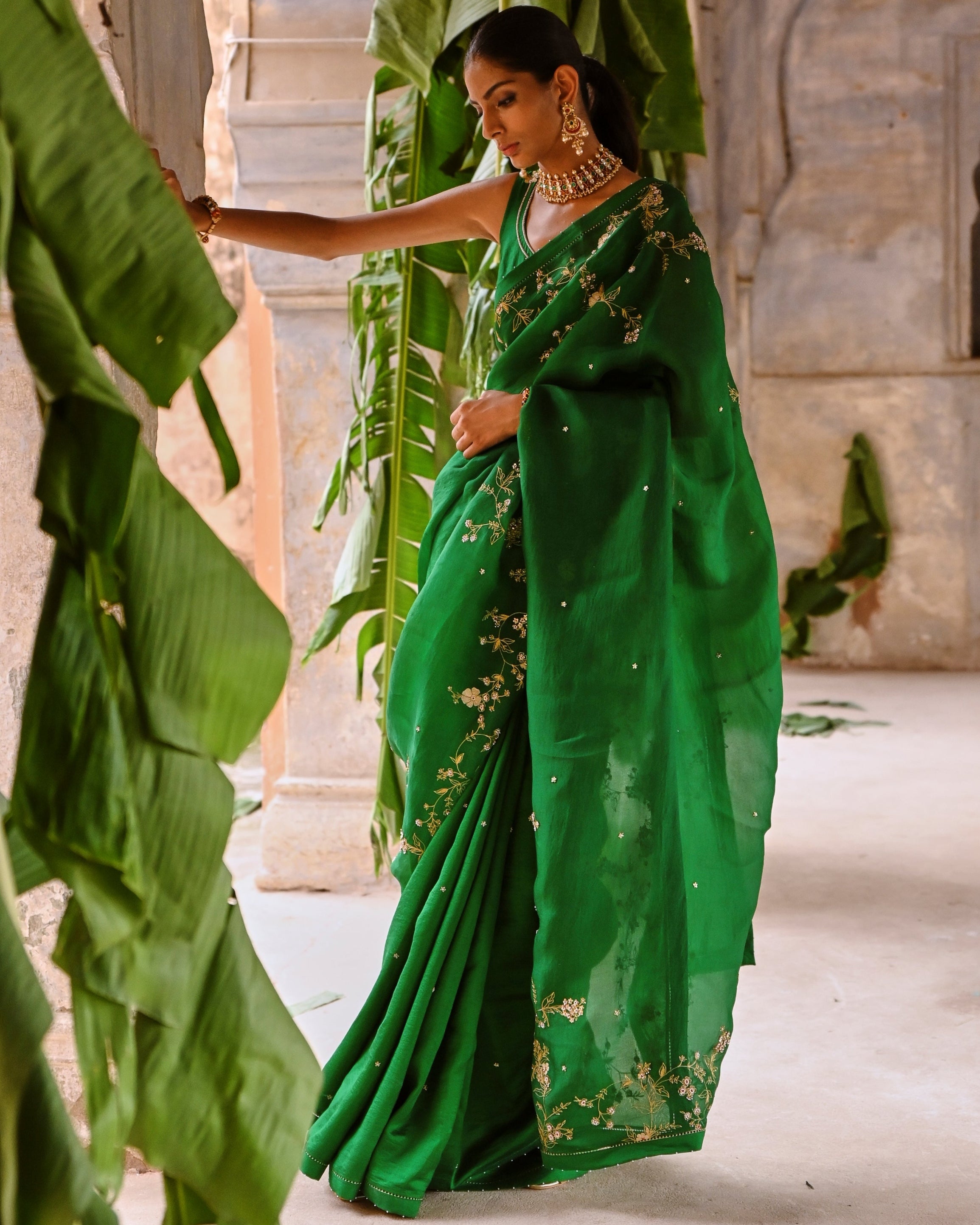 Green Half Organza And Half Silk Sari